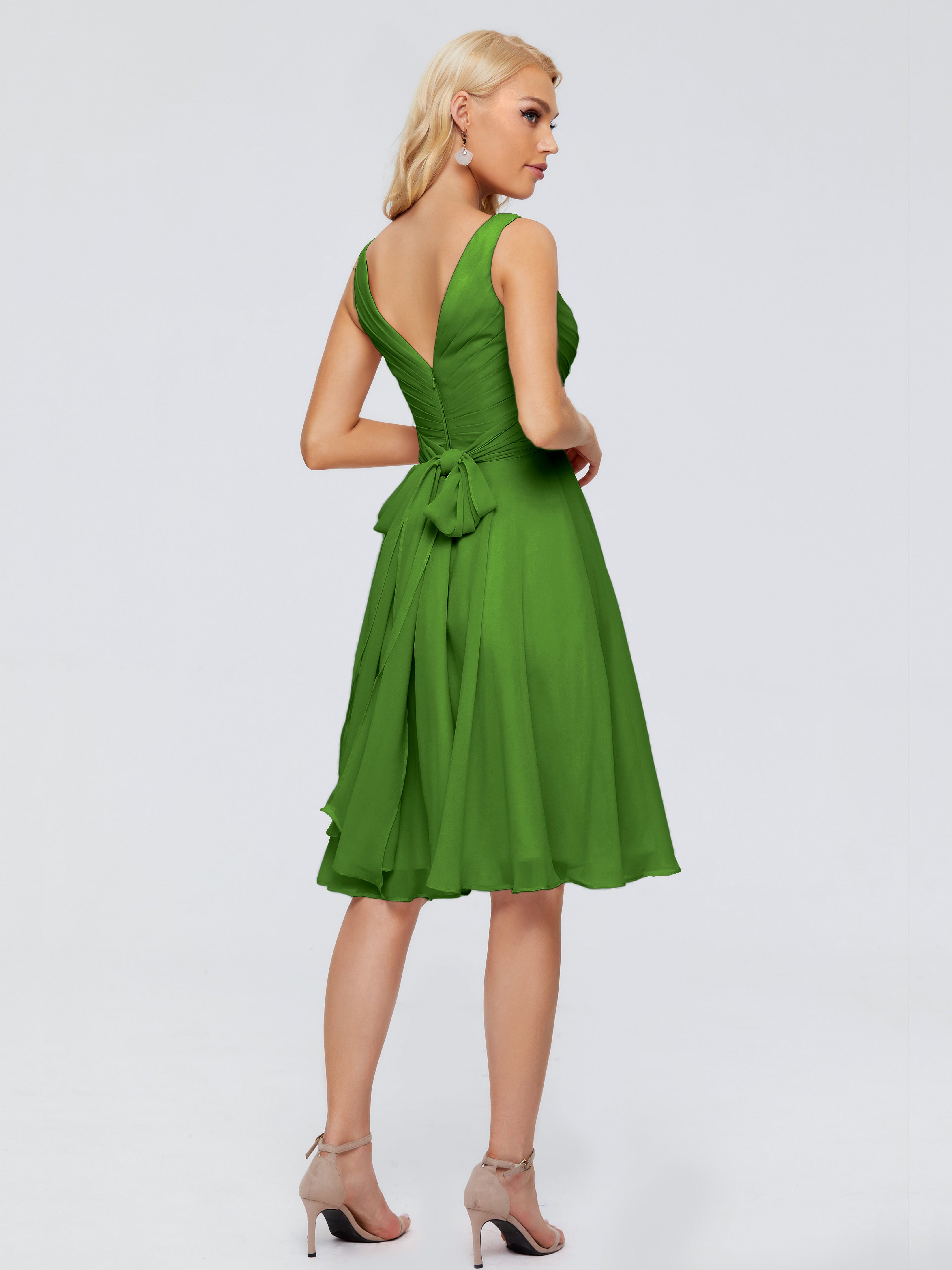 Robes De Demoiselle D'Honneur Vert Mousse Col V Longueur Genou Mousseline Robes Demoiselle D'Honneur