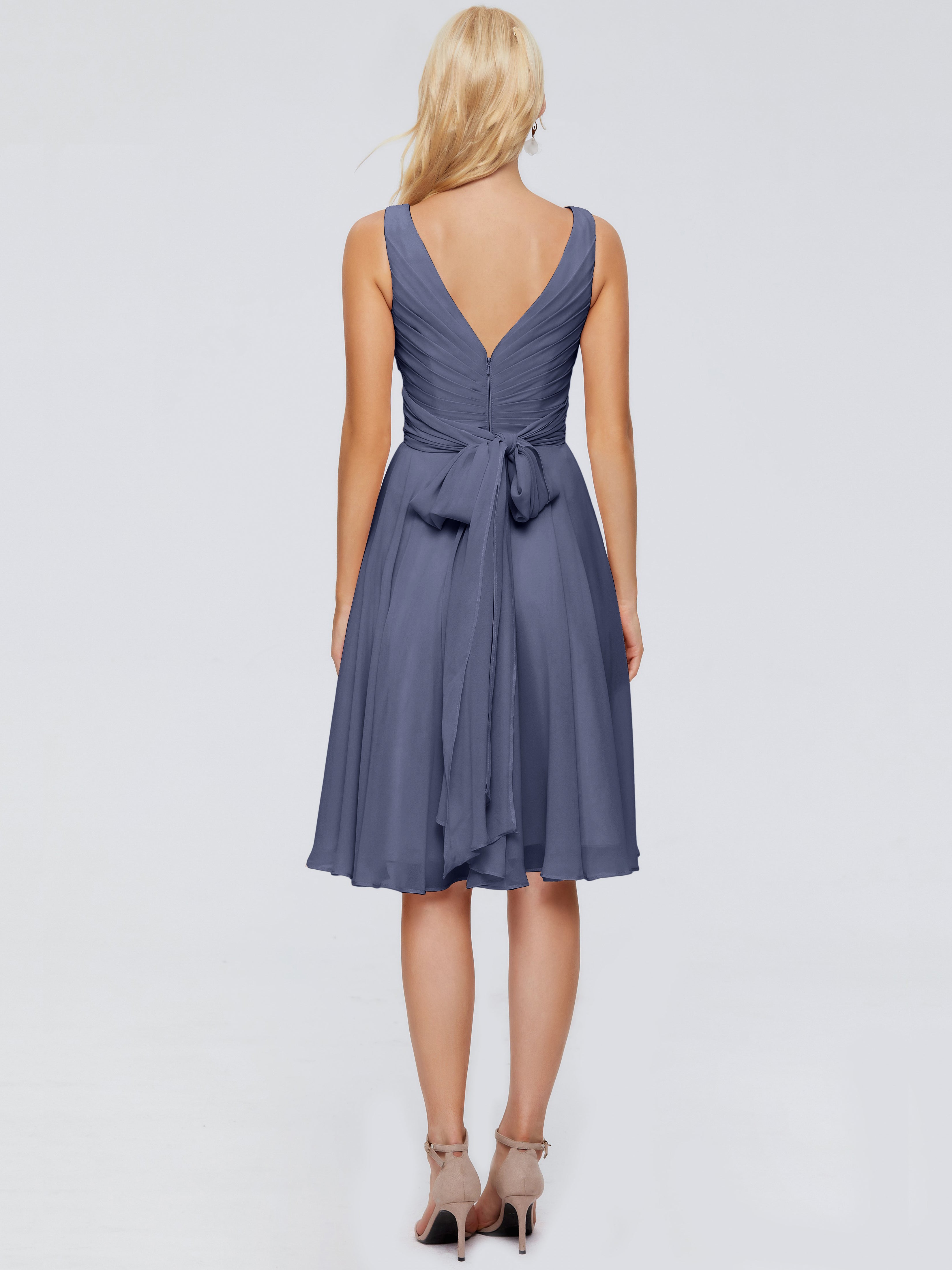 Robes De Demoiselle D'Honneur Bleu Orageux Col V Longueur Genou Mousseline Robes Demoiselle D'Honneur