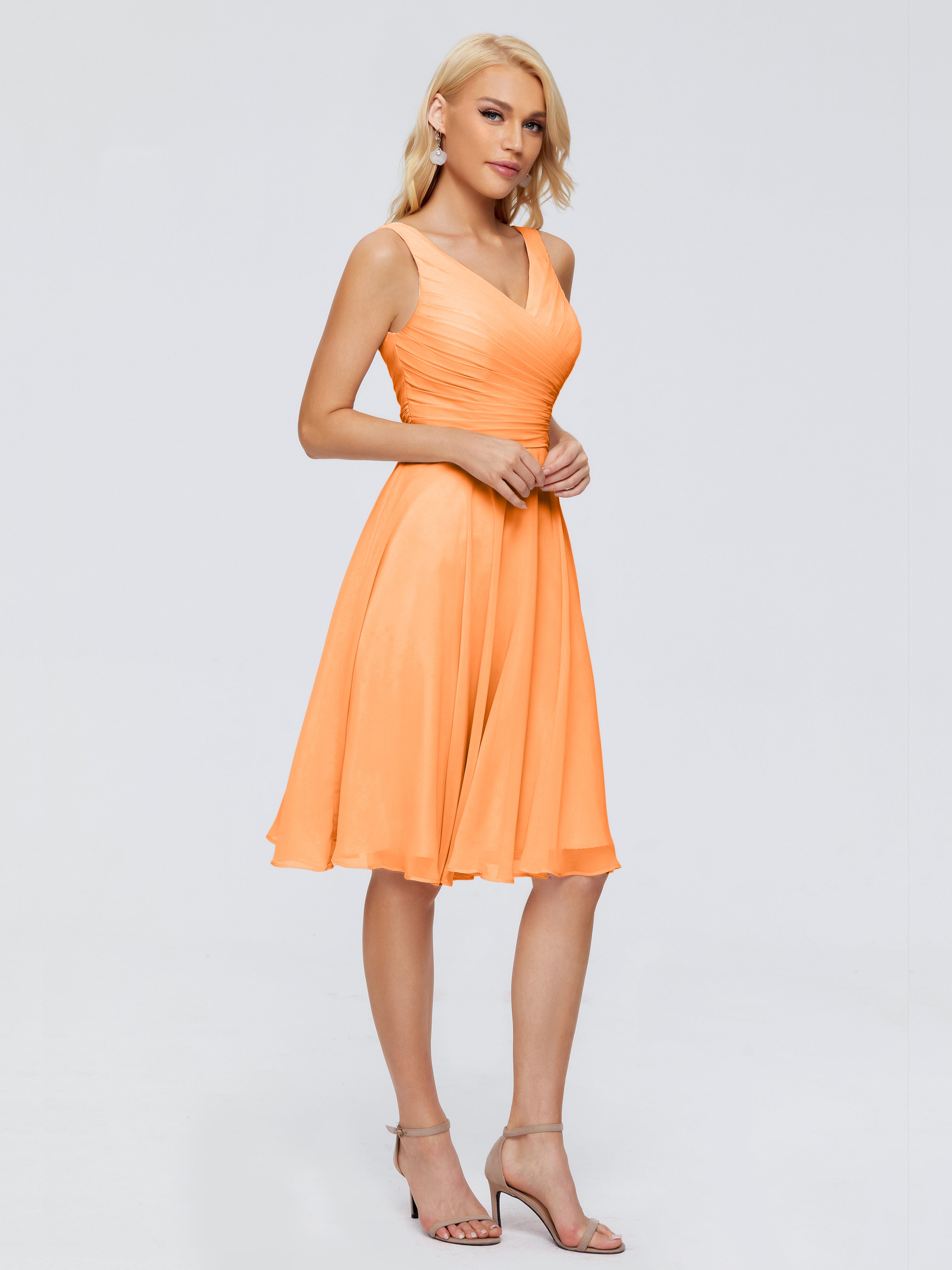 Robe Demoiselle D Honneur Orange Col V Longueur Genou Mousseline Robes Demoiselle D'Honneur
