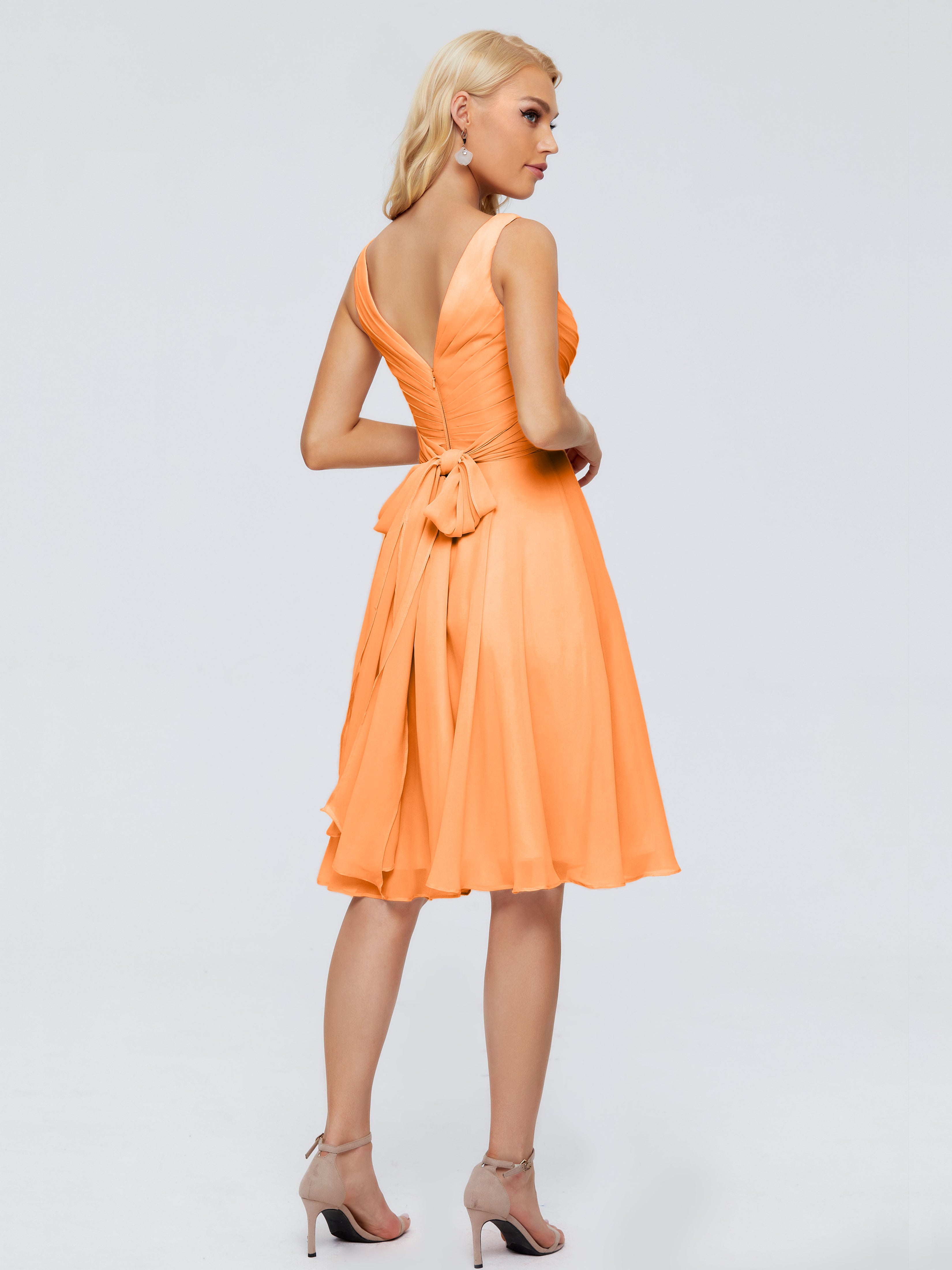 Robe Demoiselle D Honneur Orange Col V Longueur Genou Mousseline Robes Demoiselle D'Honneur