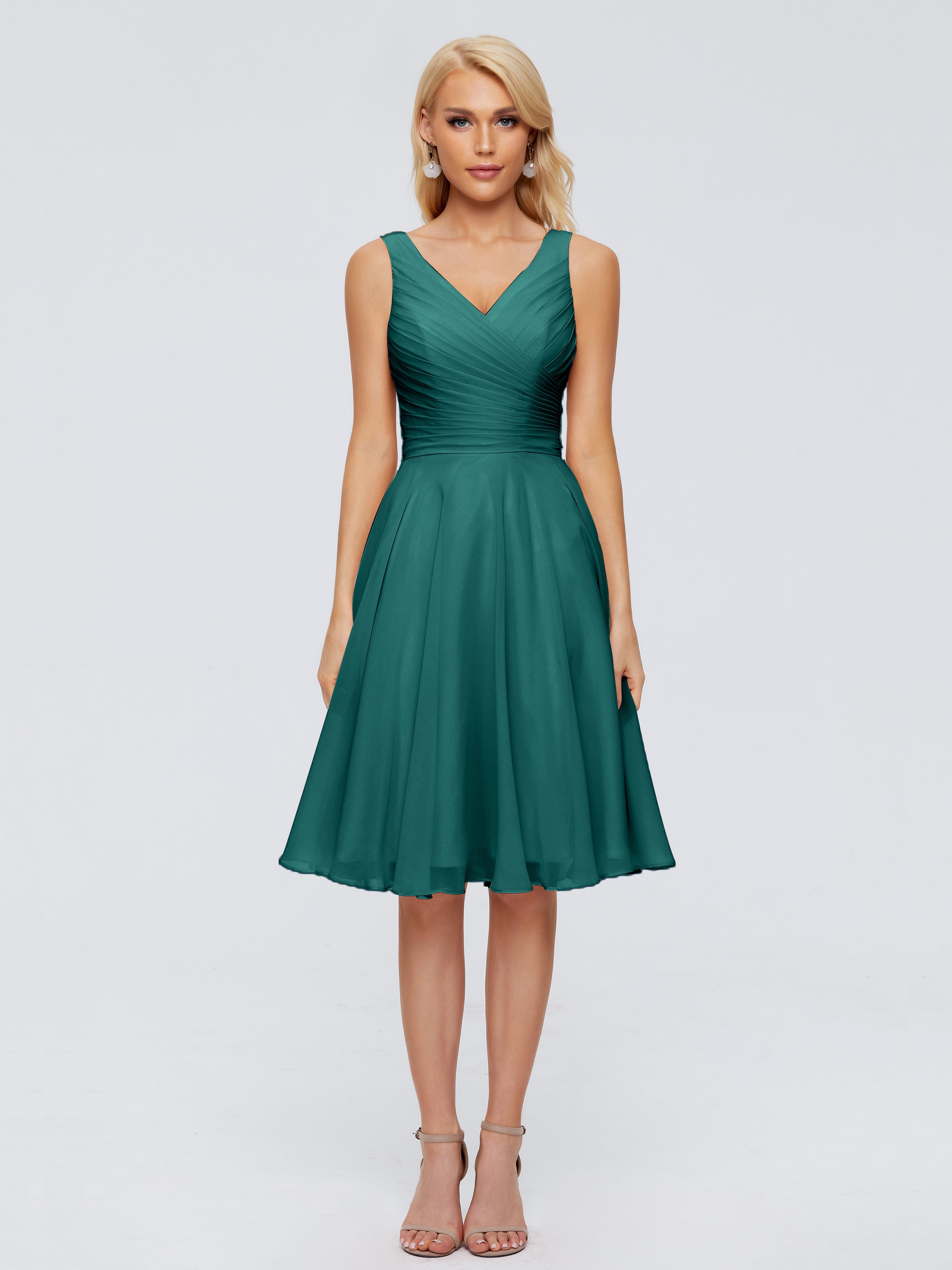 Robe De Demoiselle D'Honneur En Mousseline De Paon Col V Longueur Genou Mousseline Robes Demoiselle D'Honneur