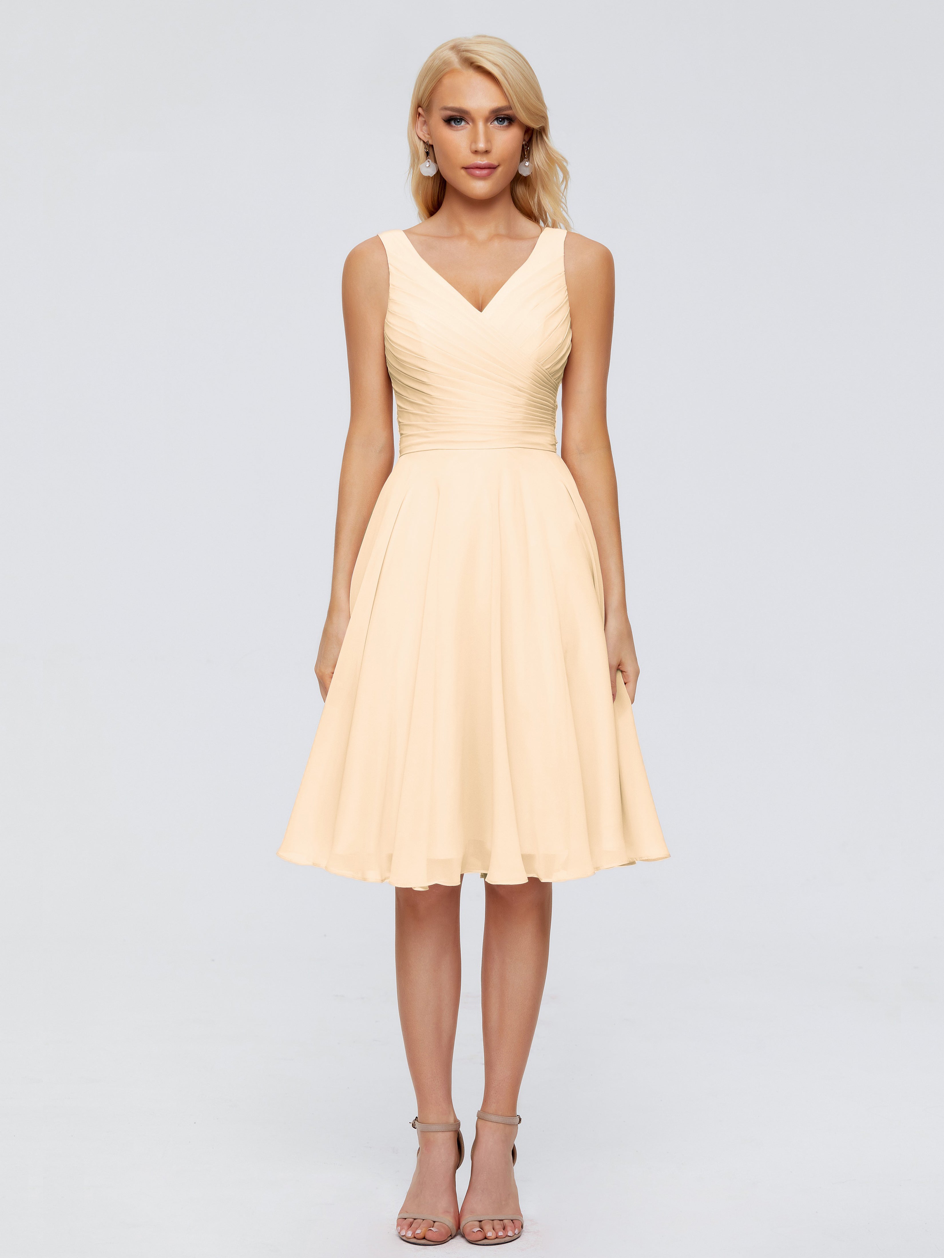 Robe Demoiselle D Honneur Rose Peche Col V Longueur Genou Mousseline Robes Demoiselle D'Honneur