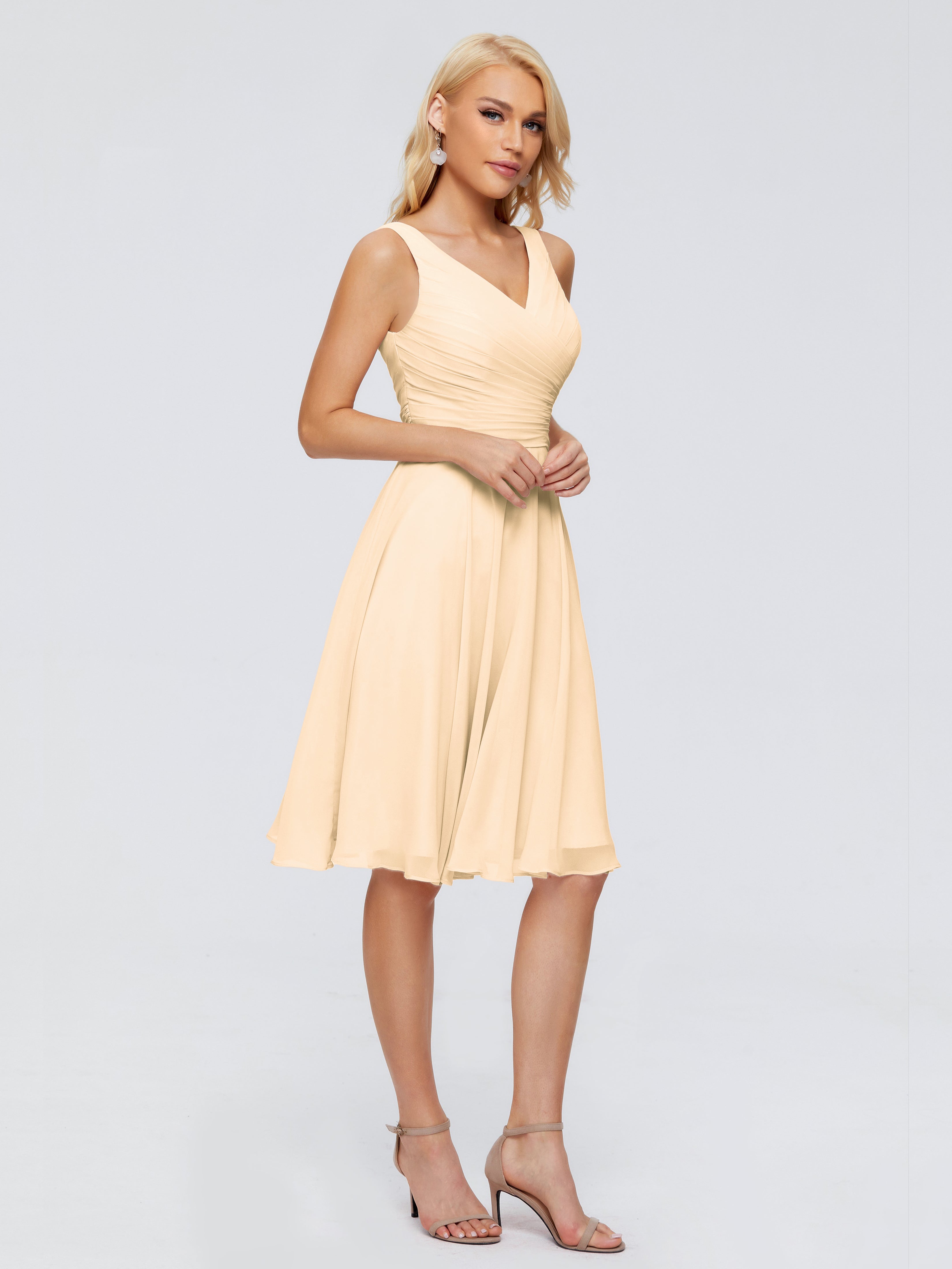 Robe Demoiselle D Honneur Rose Peche Col V Longueur Genou Mousseline Robes Demoiselle D'Honneur