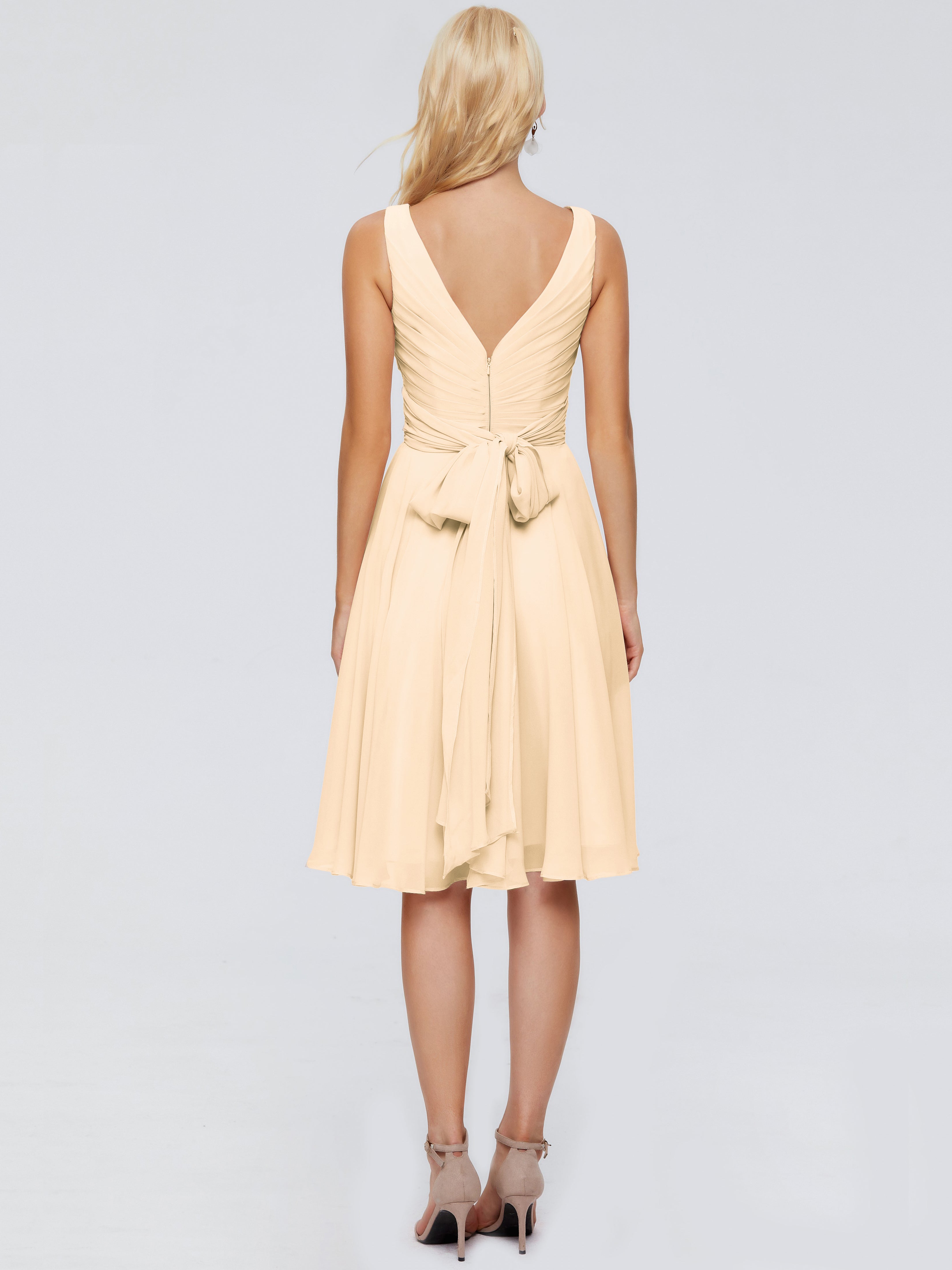 Robe Demoiselle D Honneur Rose Peche Col V Longueur Genou Mousseline Robes Demoiselle D'Honneur