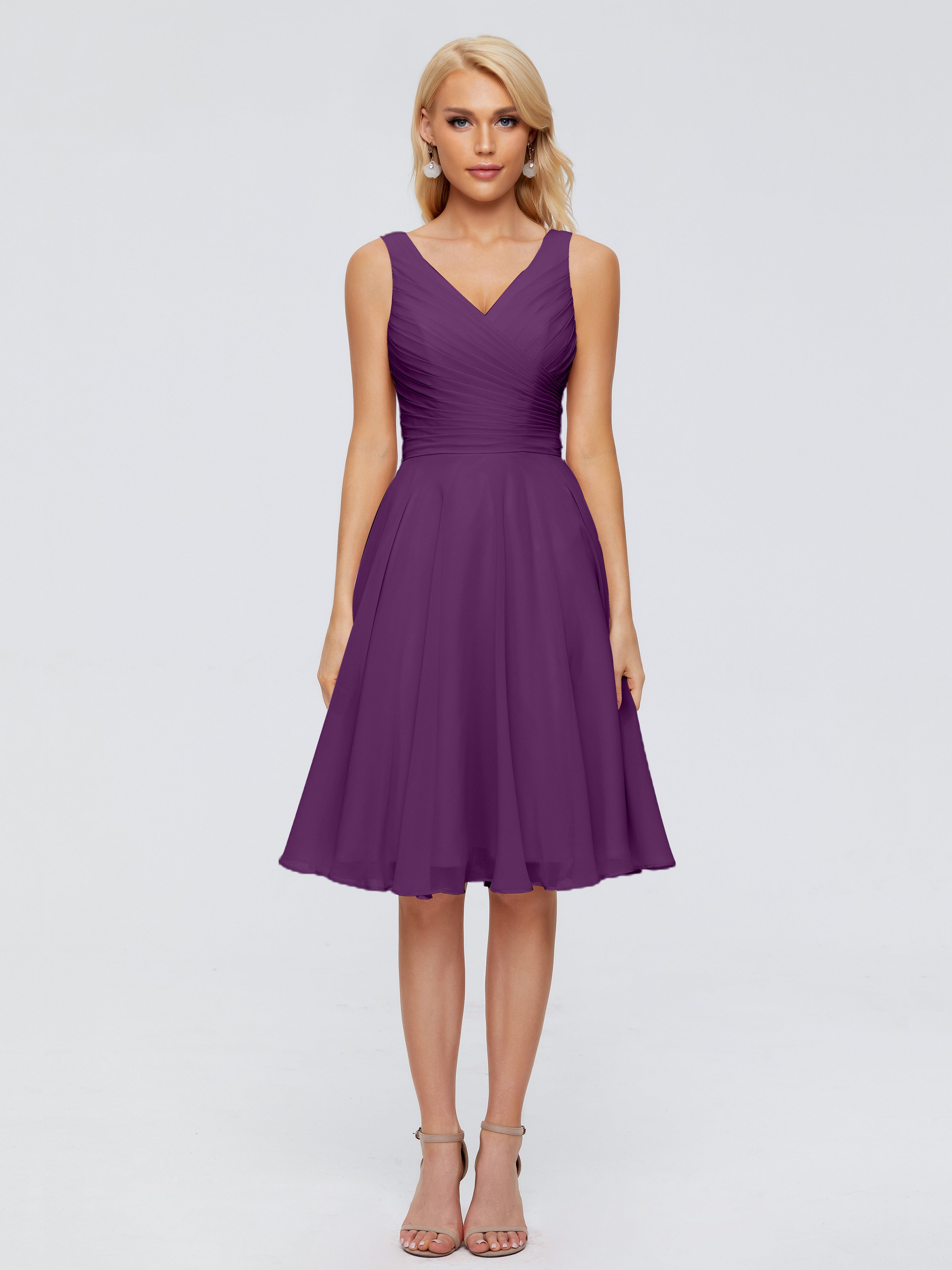 Robes De Demoiselle D'Honneur En Raisin Col V Longueur Genou Mousseline Robes Demoiselle D'Honneur