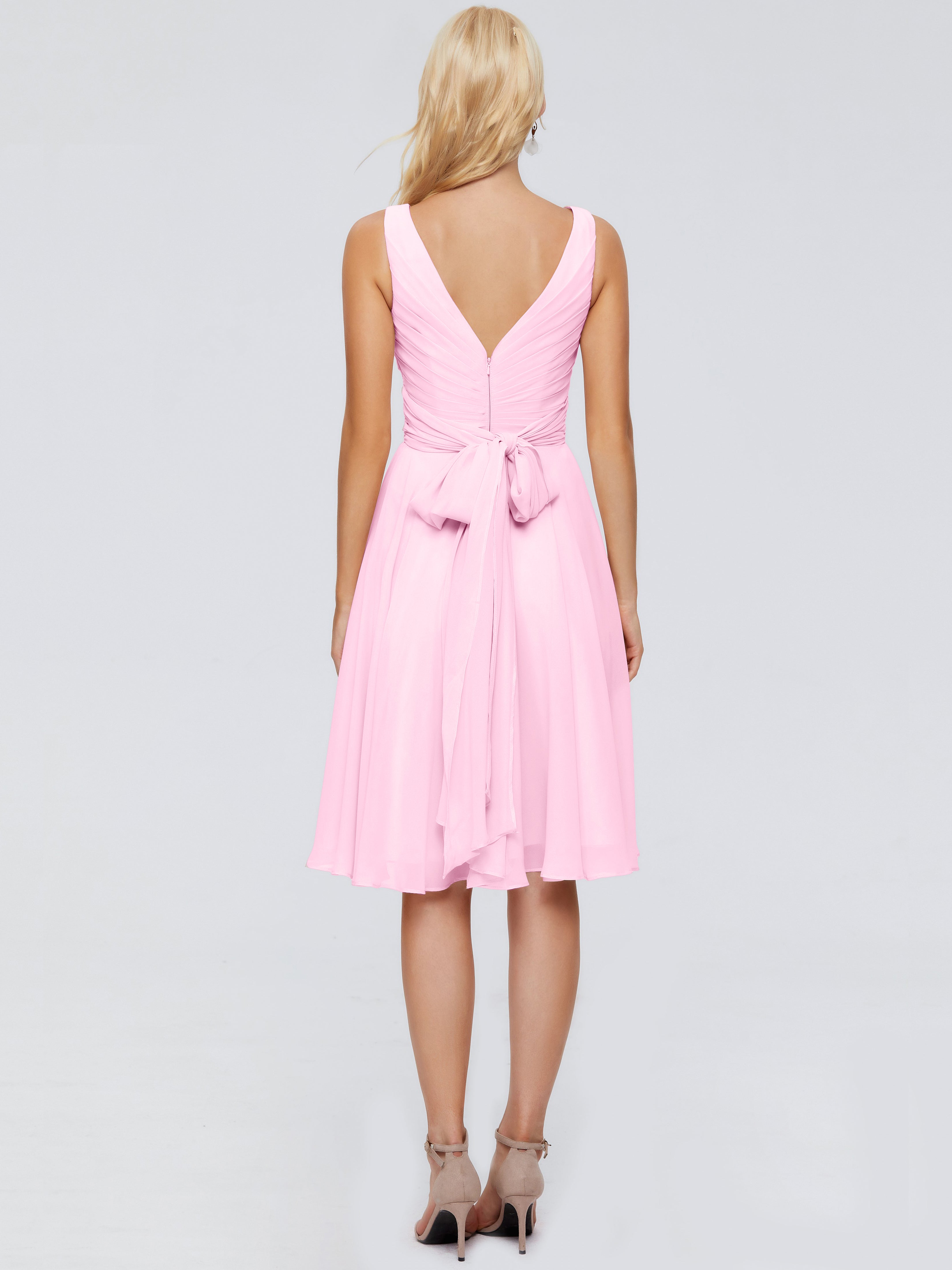 Robes De Demoiselle D'Honneur Rose Bonbon Col V Longueur Genou Mousseline Robes Demoiselle D'Honneur