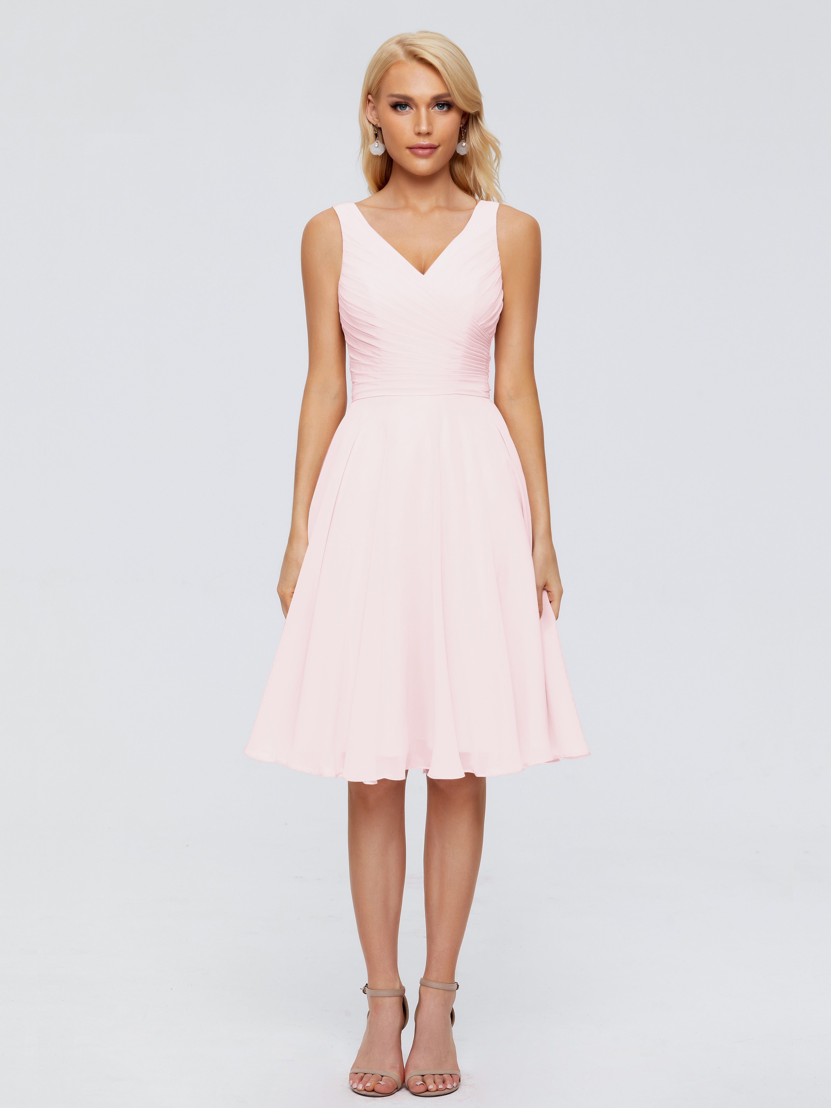 Rose Pale Robe Demoiselle D Honneur Courte Col V Longueur Genou Mousseline Robes Demoiselle D'Honneur