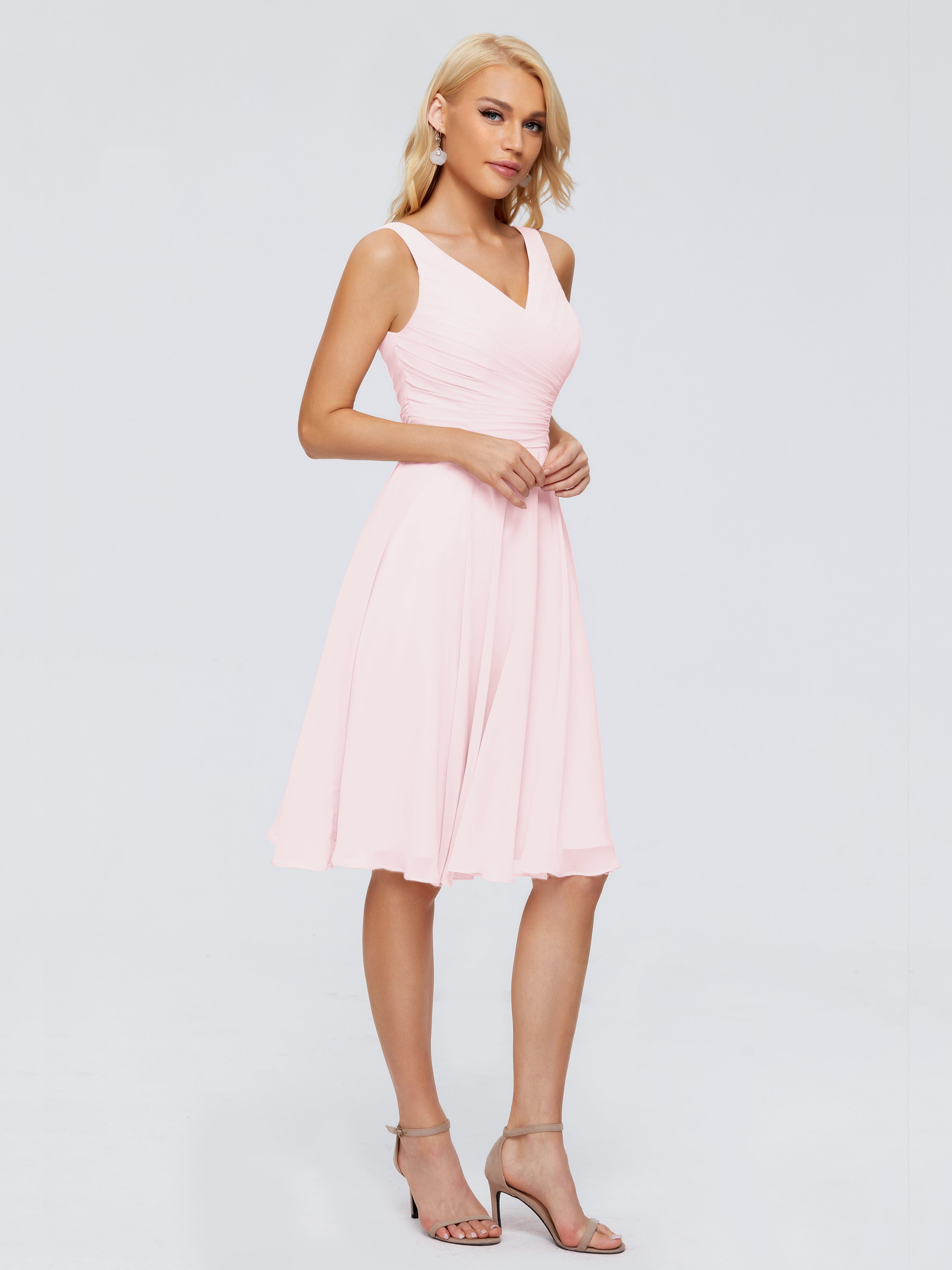 Rose Pale Robe Demoiselle D Honneur Courte Col V Longueur Genou Mousseline Robes Demoiselle D'Honneur