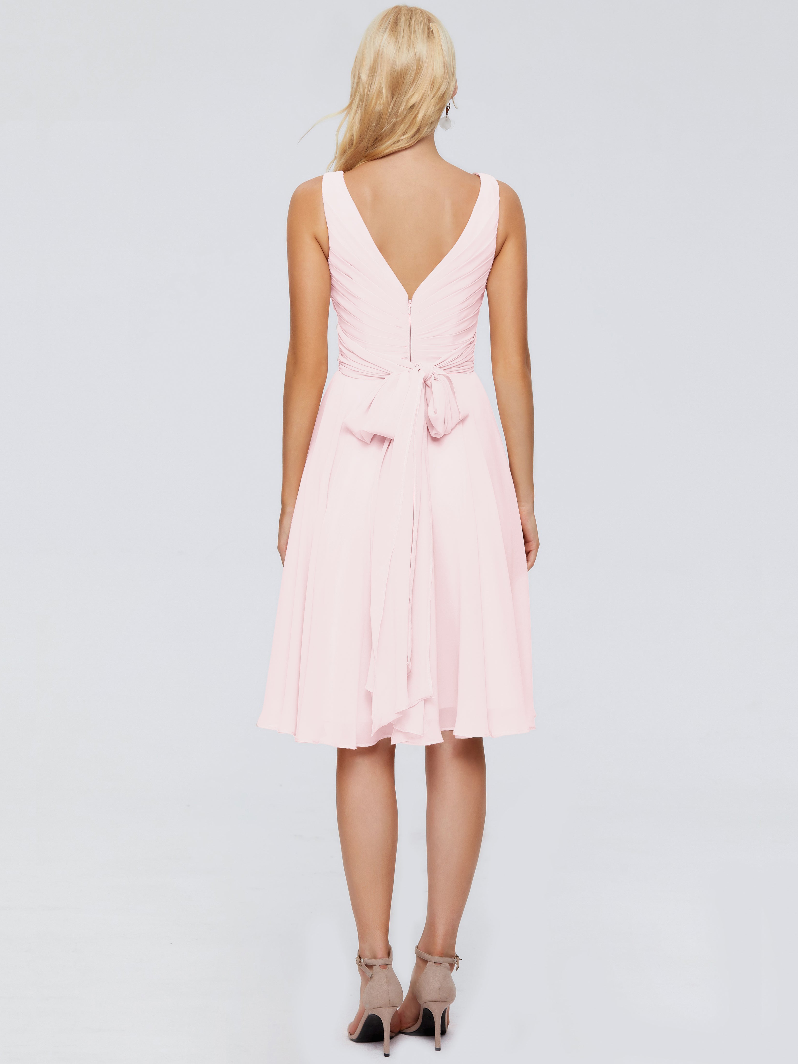 Rose Pale Robe Demoiselle D Honneur Courte Col V Longueur Genou Mousseline Robes Demoiselle D'Honneur