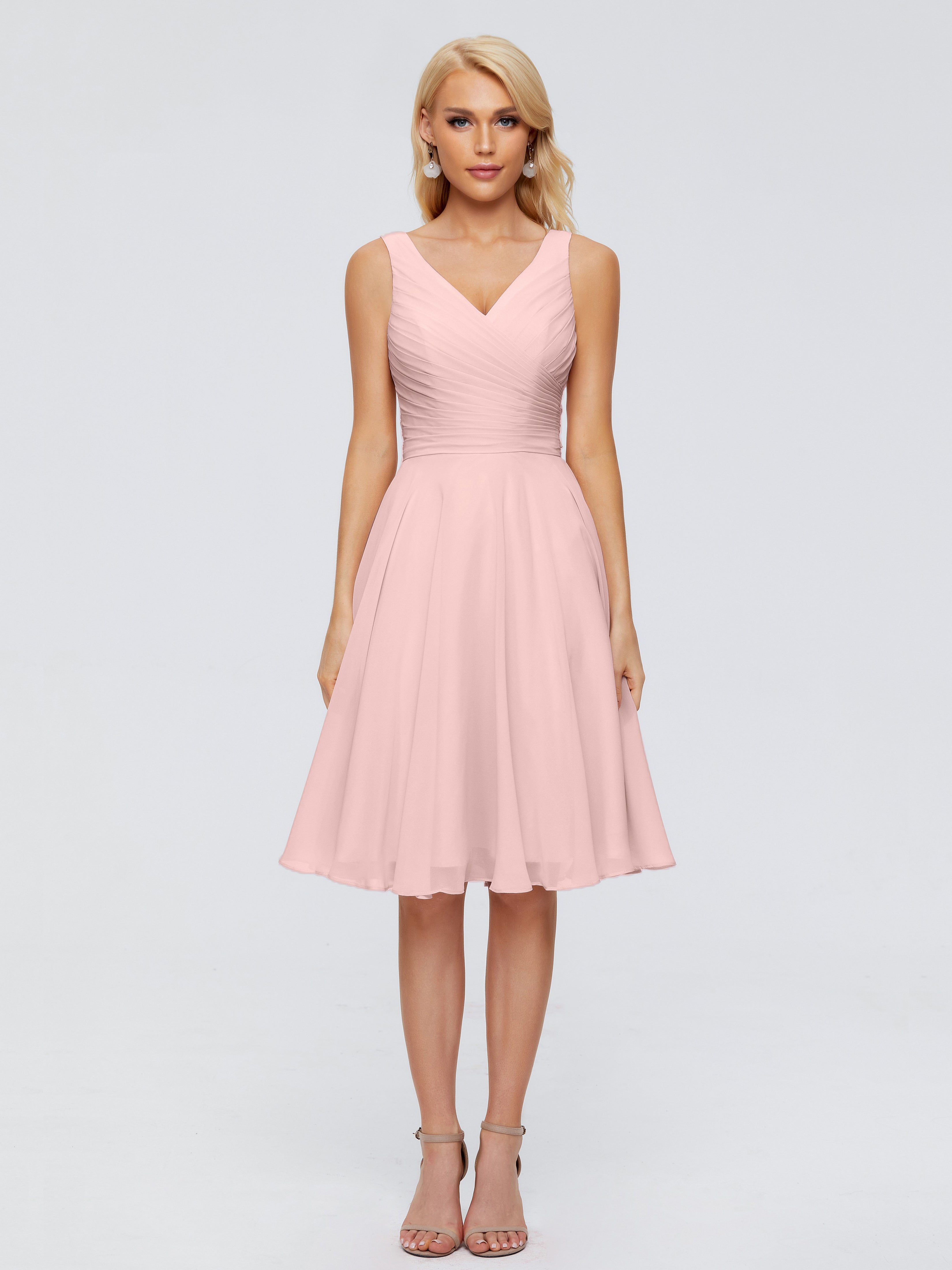Robe Rose Poudre Demoiselle D Honneur Col V Longueur Genou Mousseline Robes Demoiselle D'Honneur
