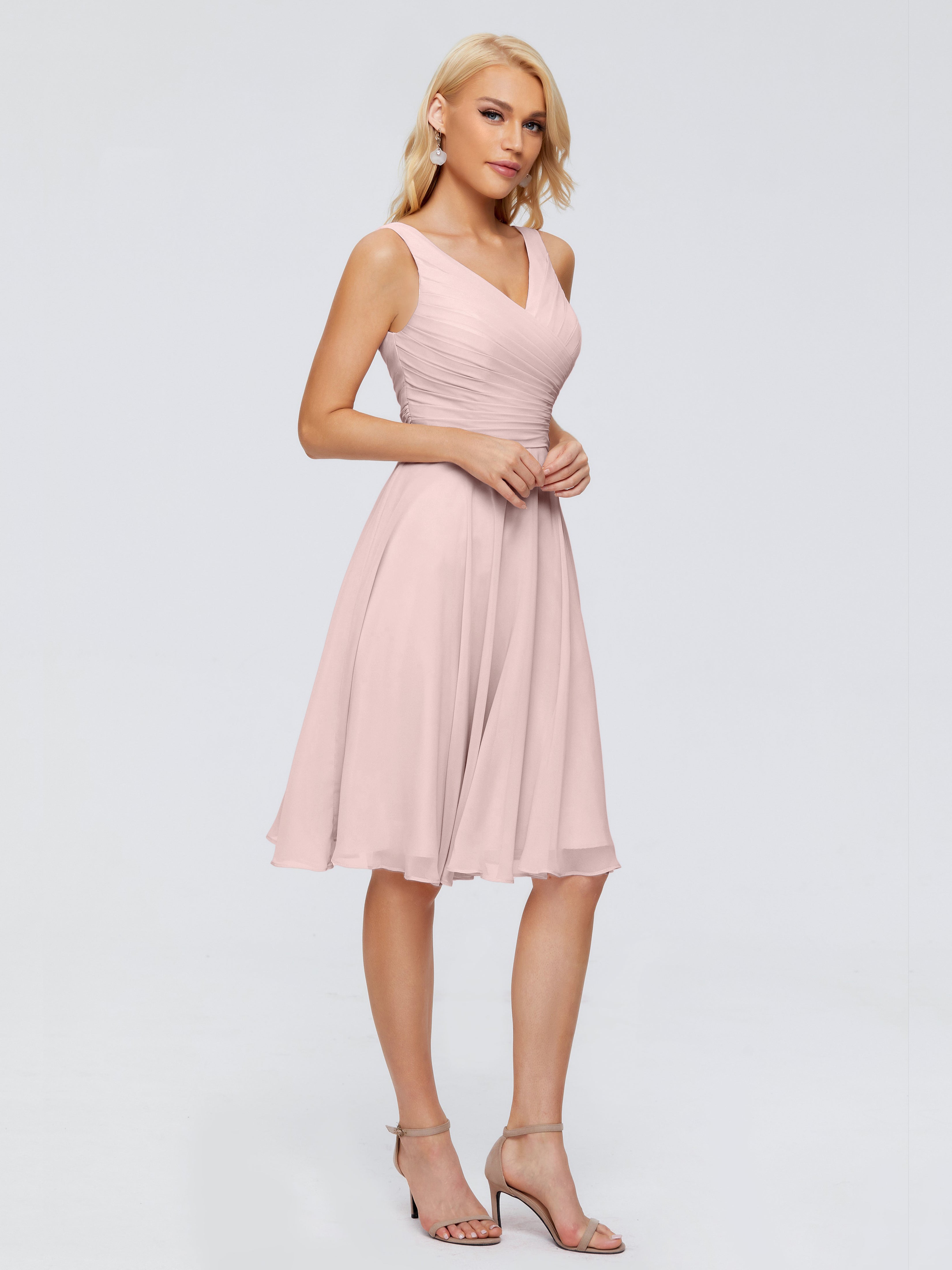 Robe Rose Poudre Demoiselle D Honneur Col V Longueur Genou Mousseline Robes Demoiselle D'Honneur
