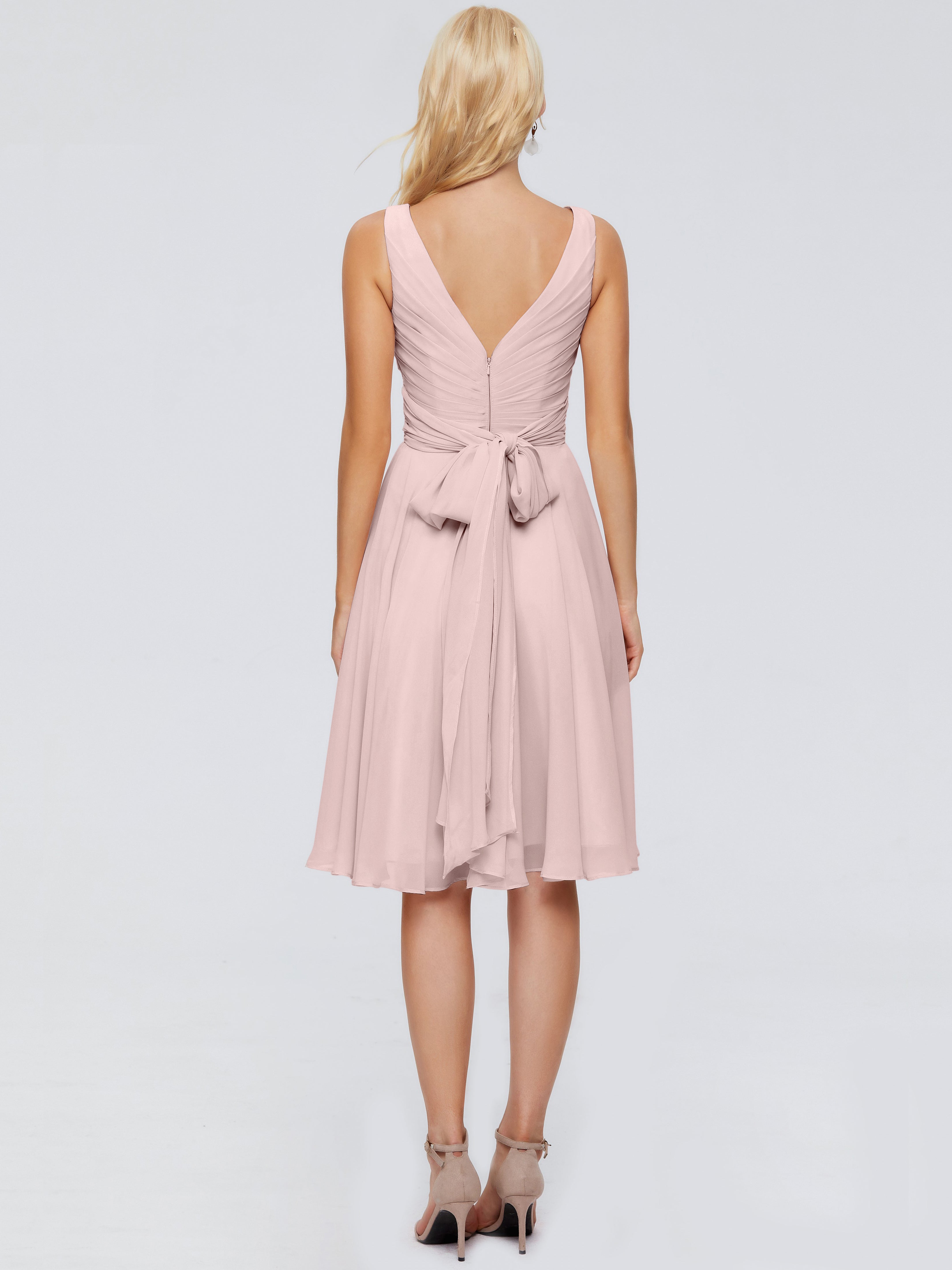 Robe Rose Poudre Demoiselle D Honneur Col V Longueur Genou Mousseline Robes Demoiselle D'Honneur