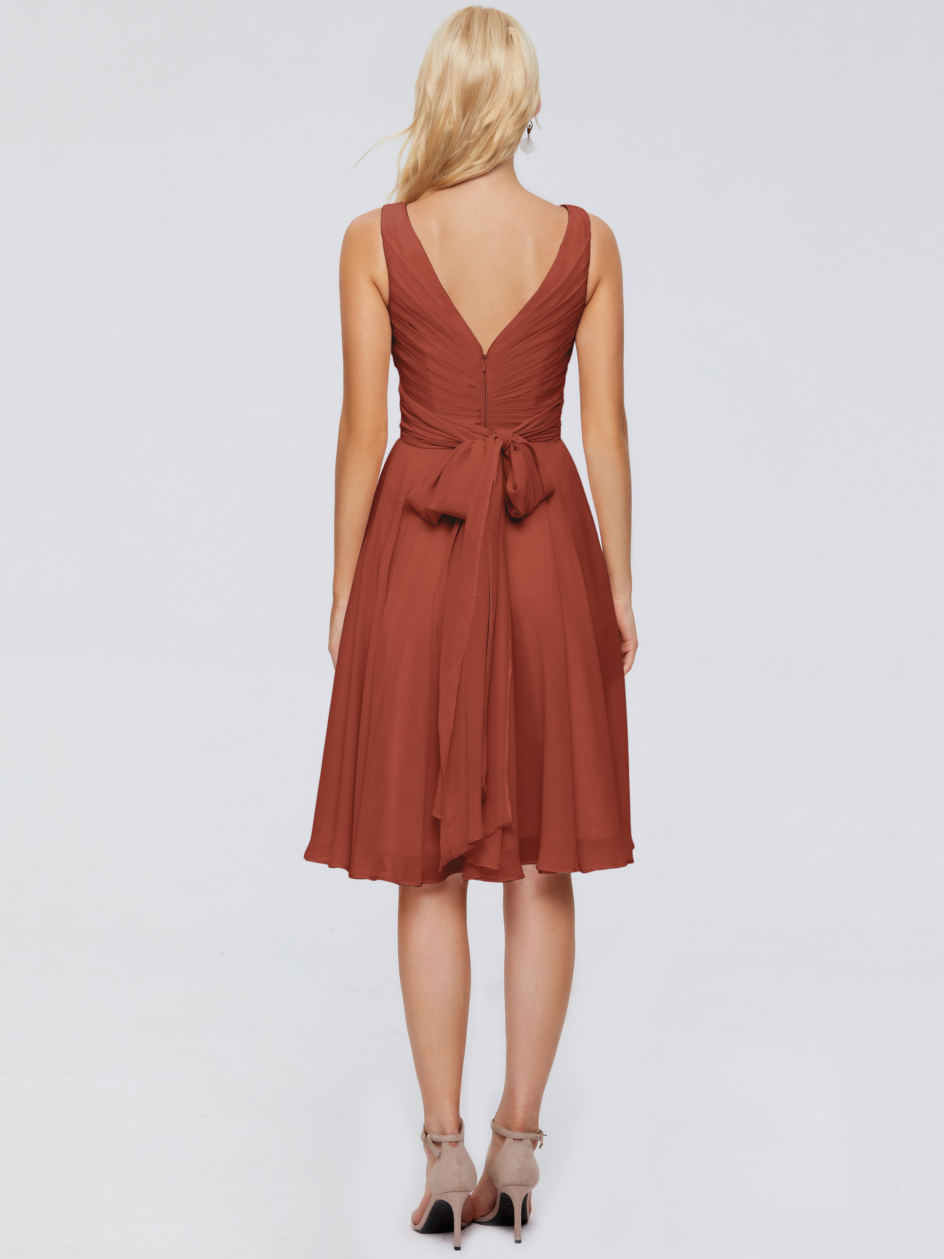 Robe De Demoiselle D'Honneur De Rouille Au Sol Col V Longueur Genou Mousseline Robes Demoiselle D'Honneur