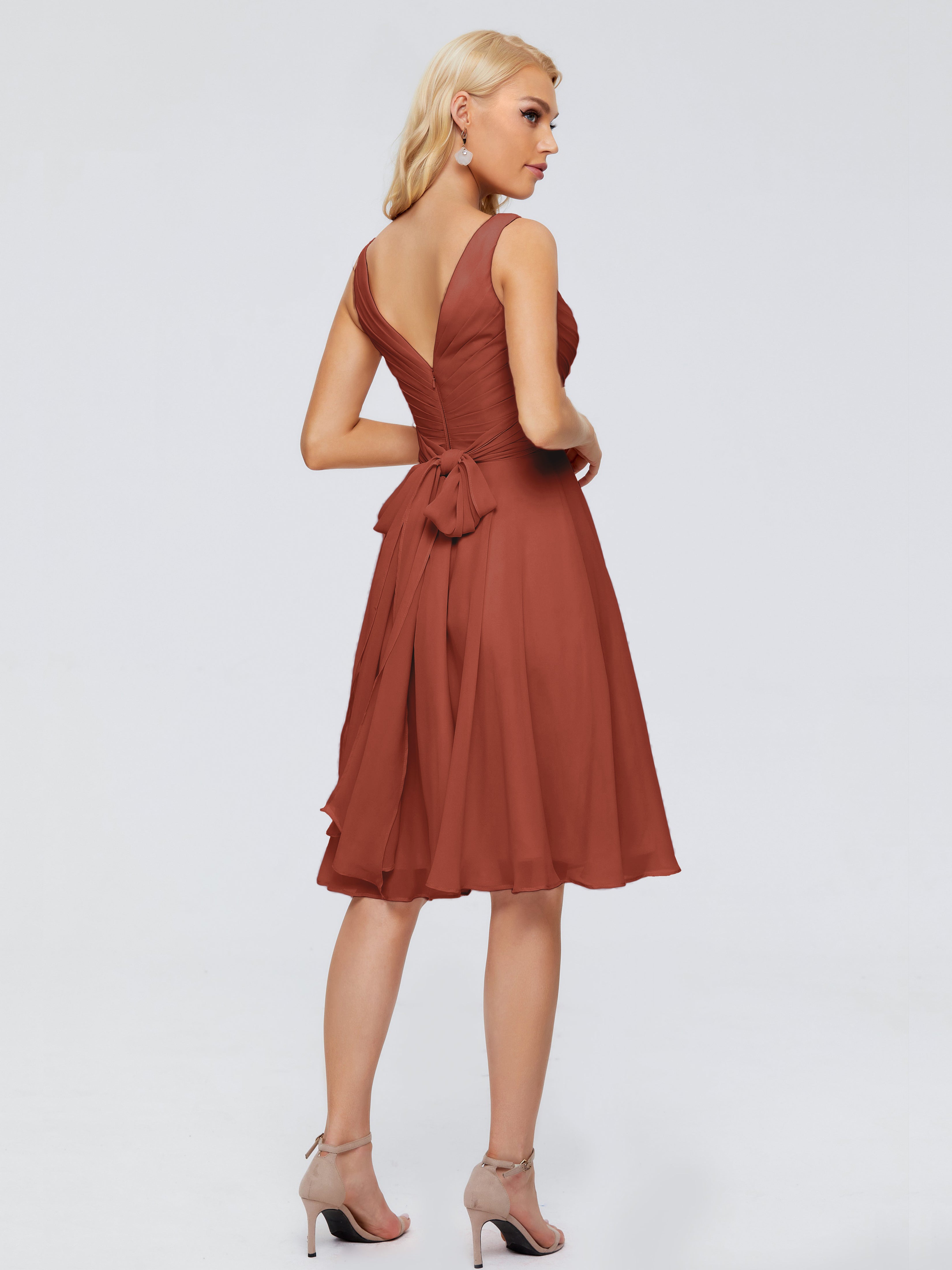 Robe De Demoiselle D'Honneur De Rouille Au Sol Col V Longueur Genou Mousseline Robes Demoiselle D'Honneur