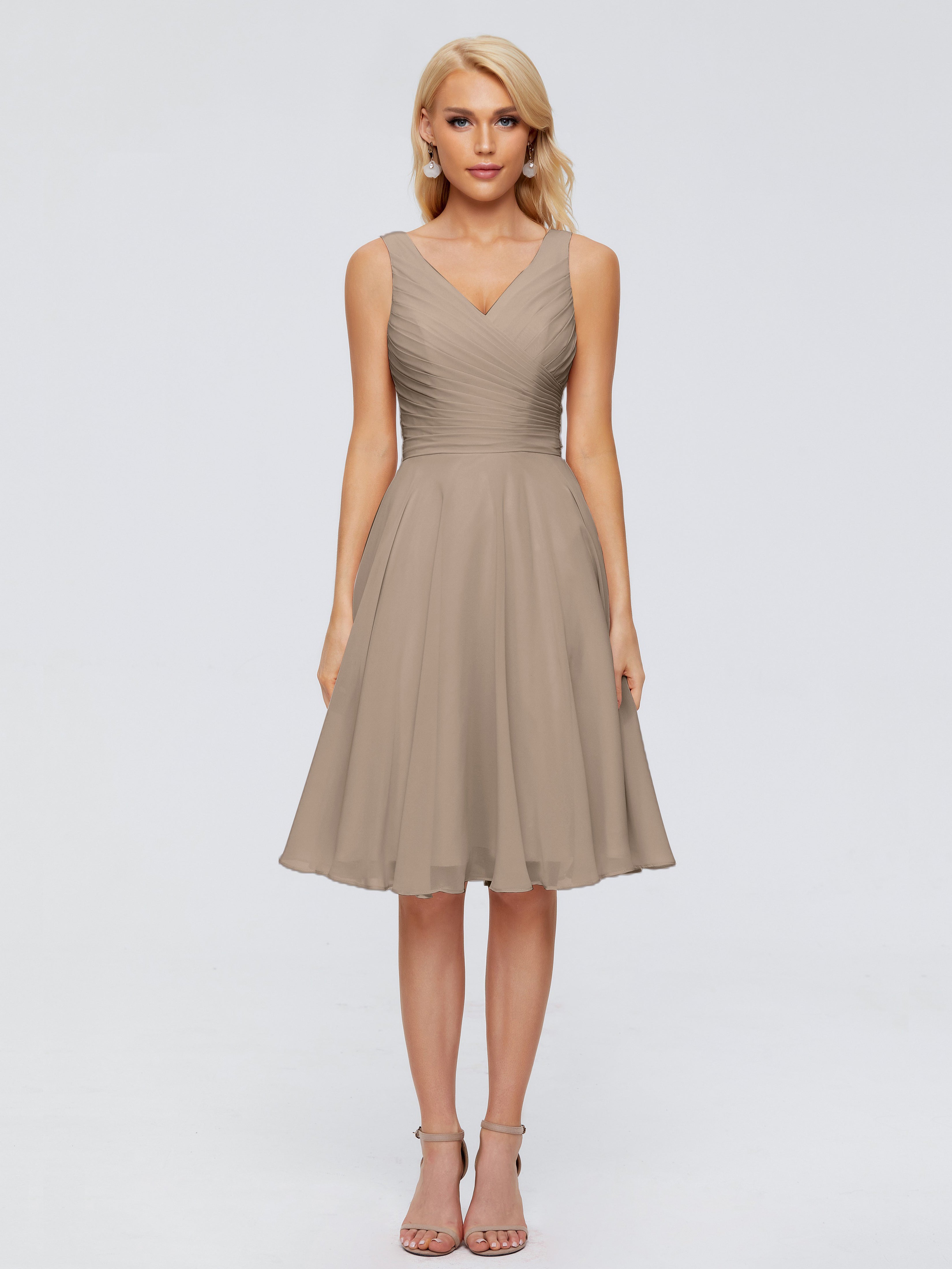 Robe Demoiselle D Honneur Taupe Col V Longueur Genou Mousseline Robes Demoiselle D'Honneur