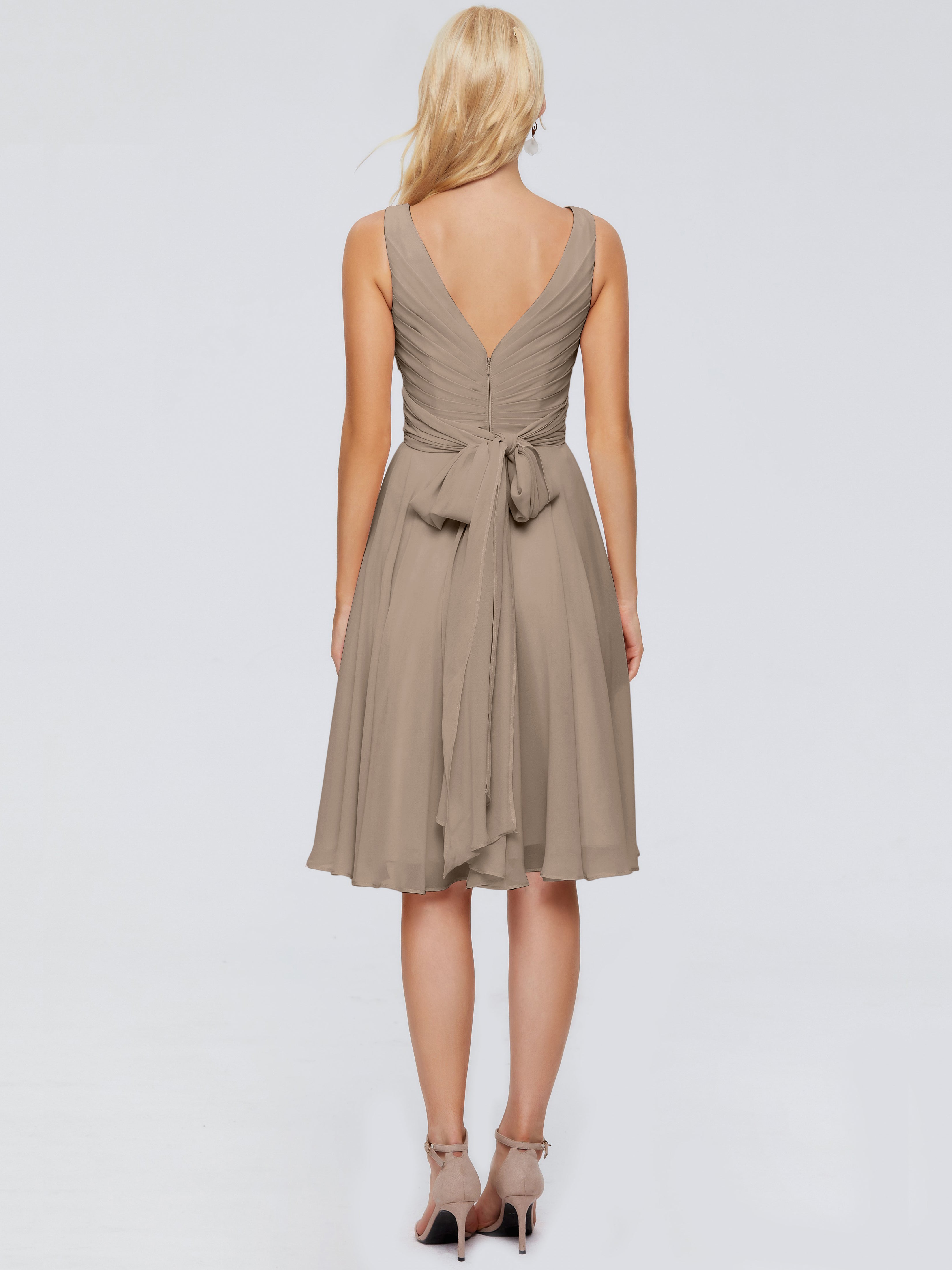 Robe Demoiselle D Honneur Taupe Col V Longueur Genou Mousseline Robes Demoiselle D'Honneur
