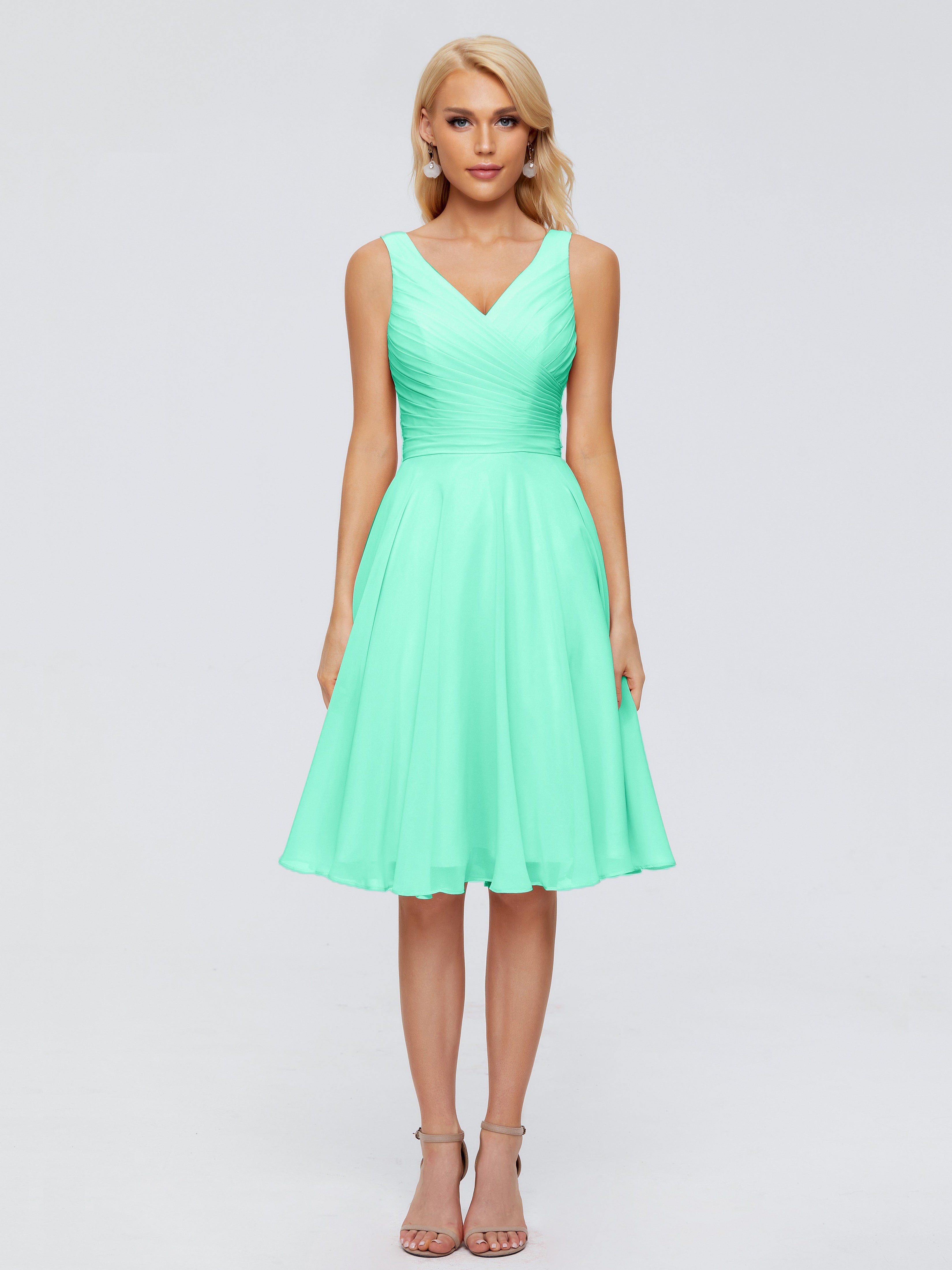 Robe De Demoiselle D Honneur Turquoise Col V Longueur Genou Mousseline Robes Demoiselle D'Honneur