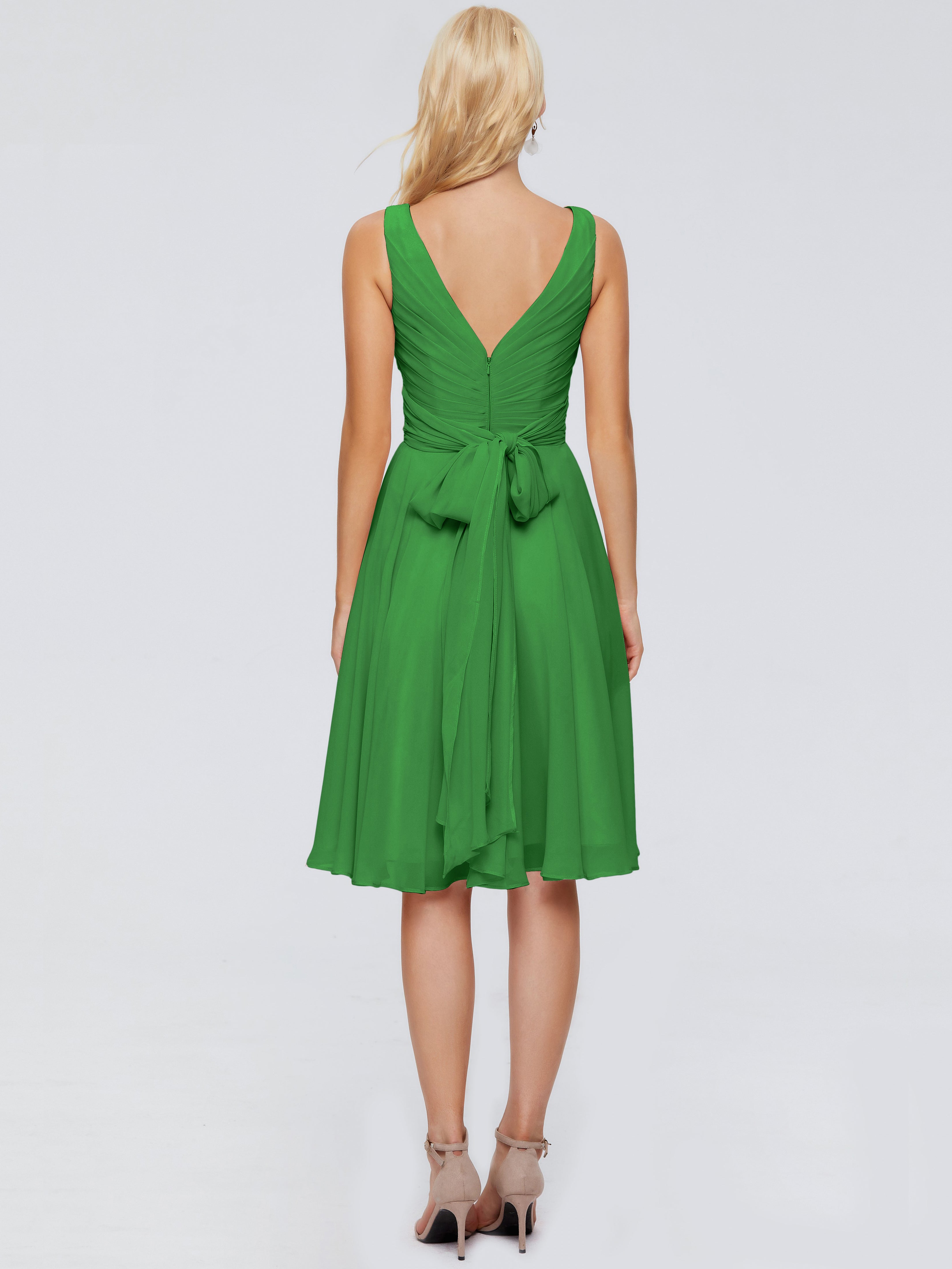 Robes De Demoiselle D'Honneur Vert Pin Col V Longueur Genou Mousseline Robes Demoiselle D'Honneur