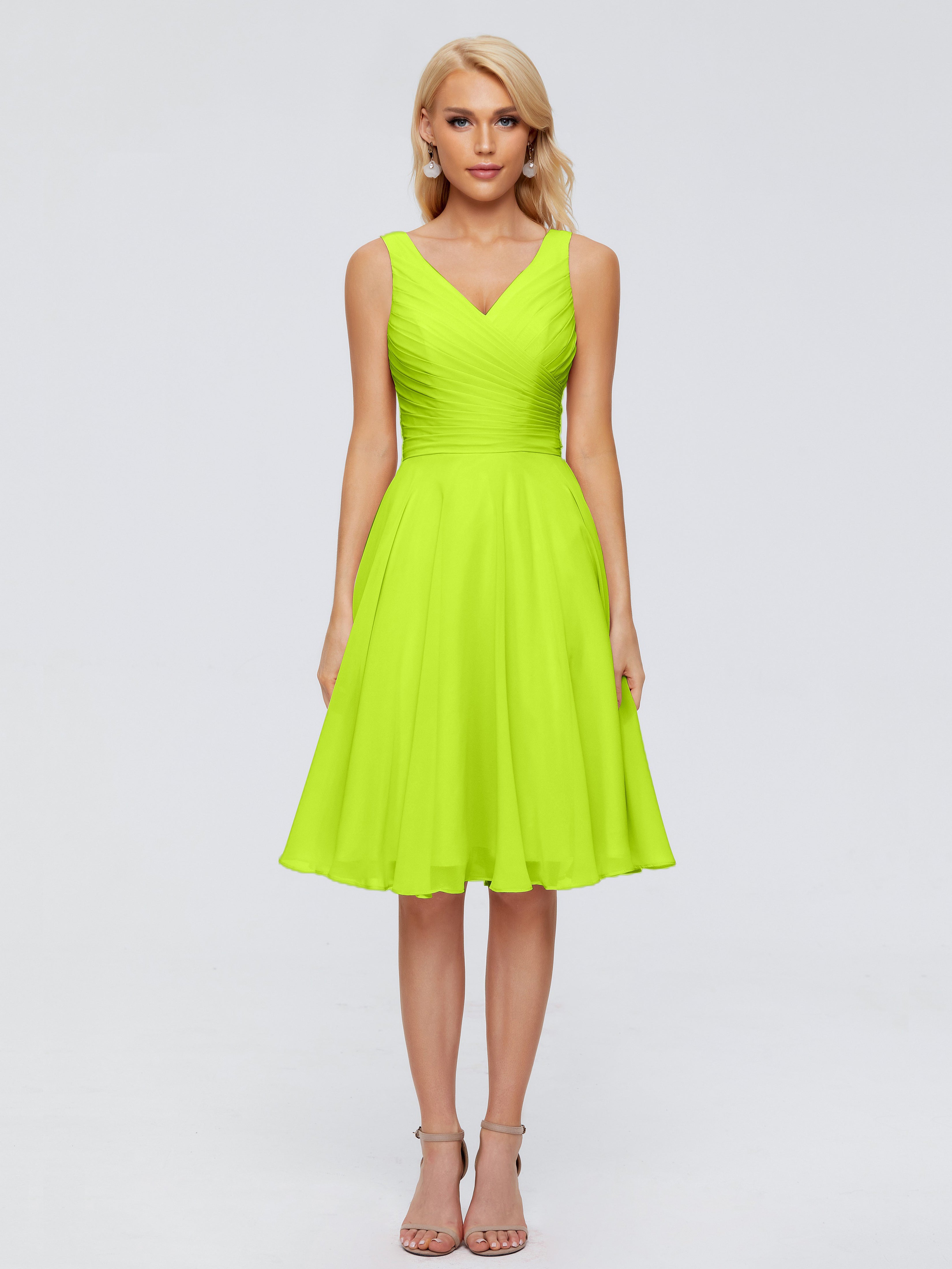 Robes De Demoiselle D'Honneur Vert Citron Col V Longueur Genou Mousseline Robes Demoiselle D'Honneur