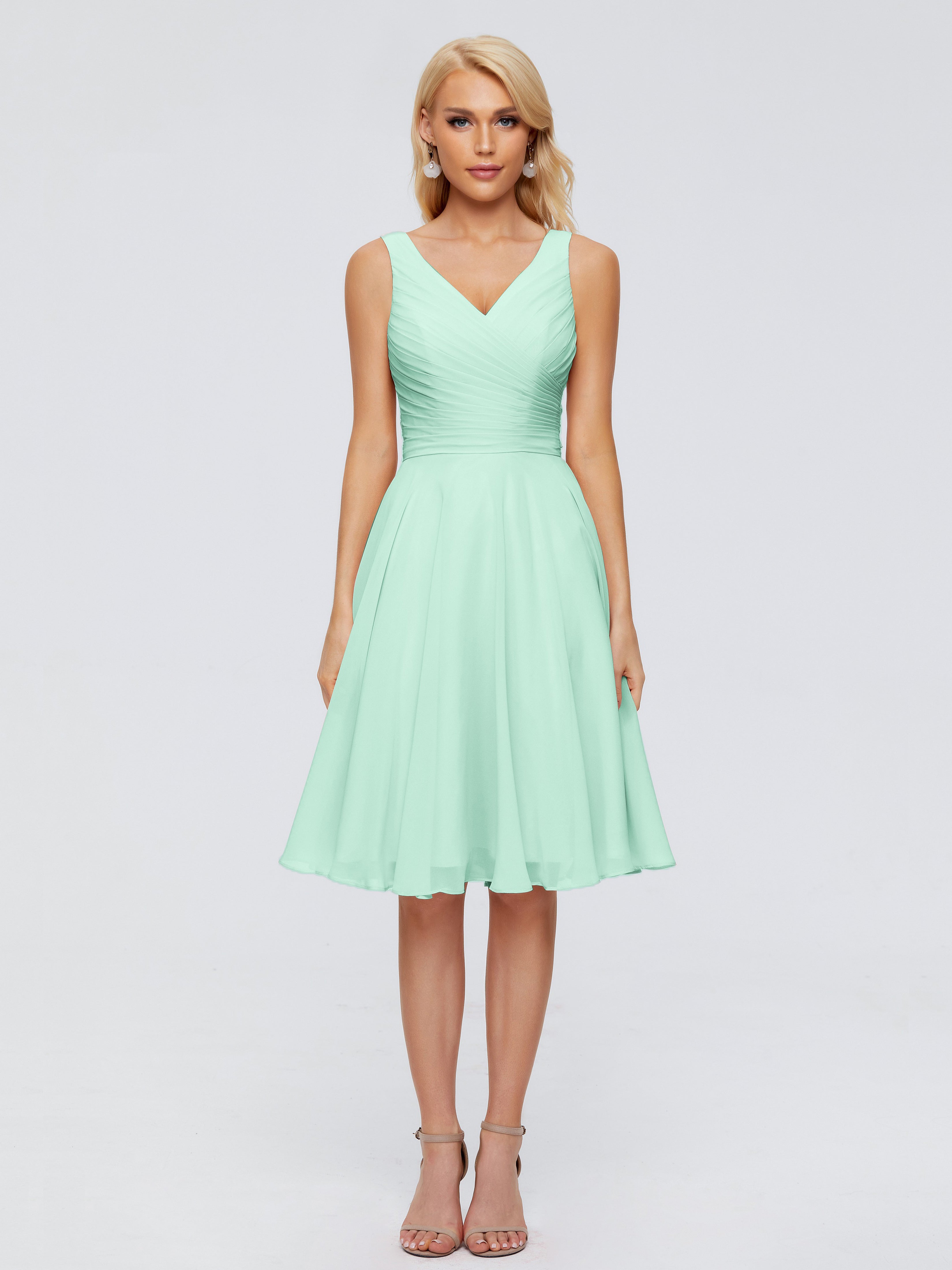 Robe Vert Menthe Demoiselle D Honneur Col V Longueur Genou Mousseline Robes Demoiselle D'Honneur