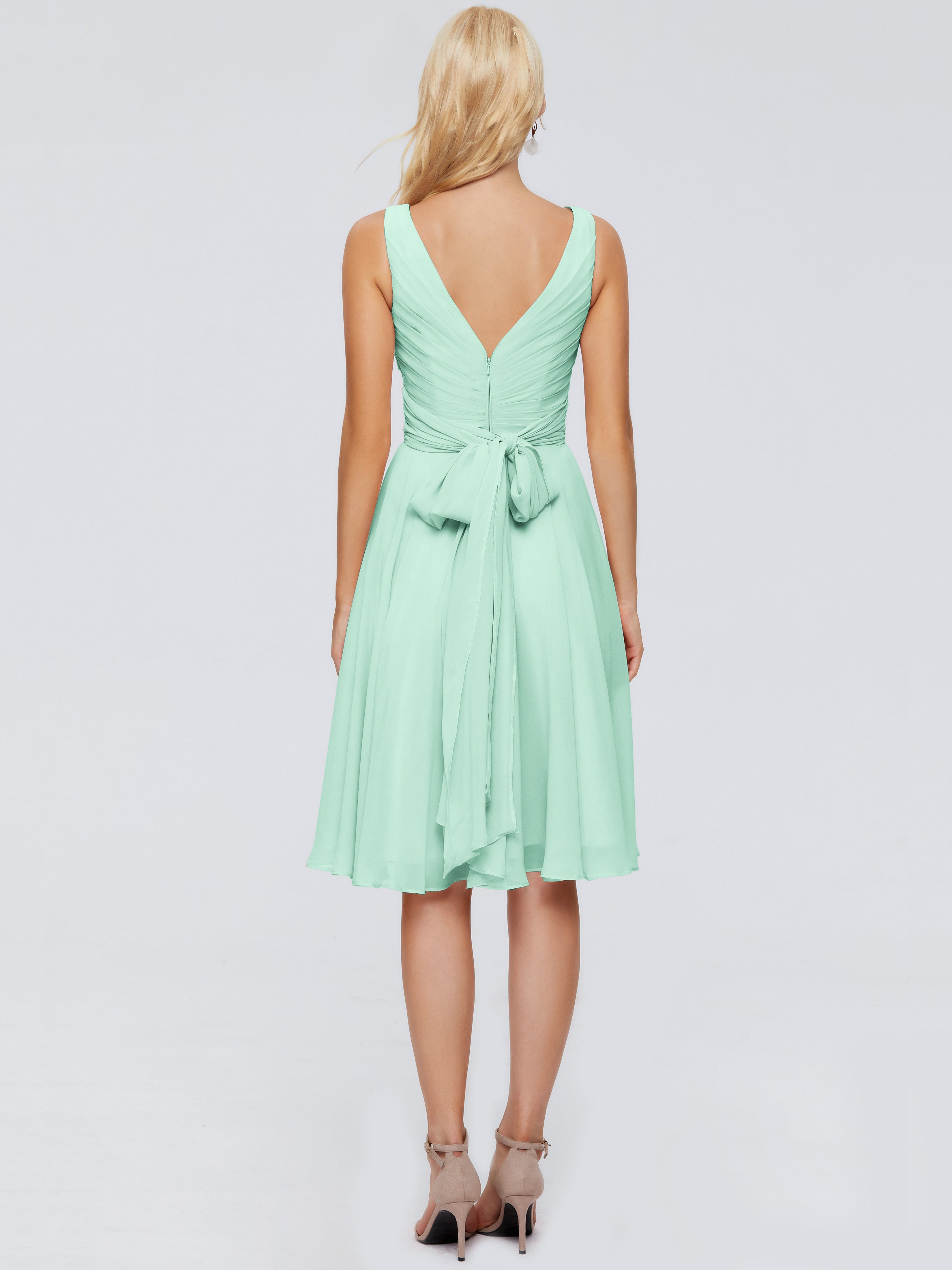 Robe Vert Menthe Demoiselle D Honneur Col V Longueur Genou Mousseline Robes Demoiselle D'Honneur