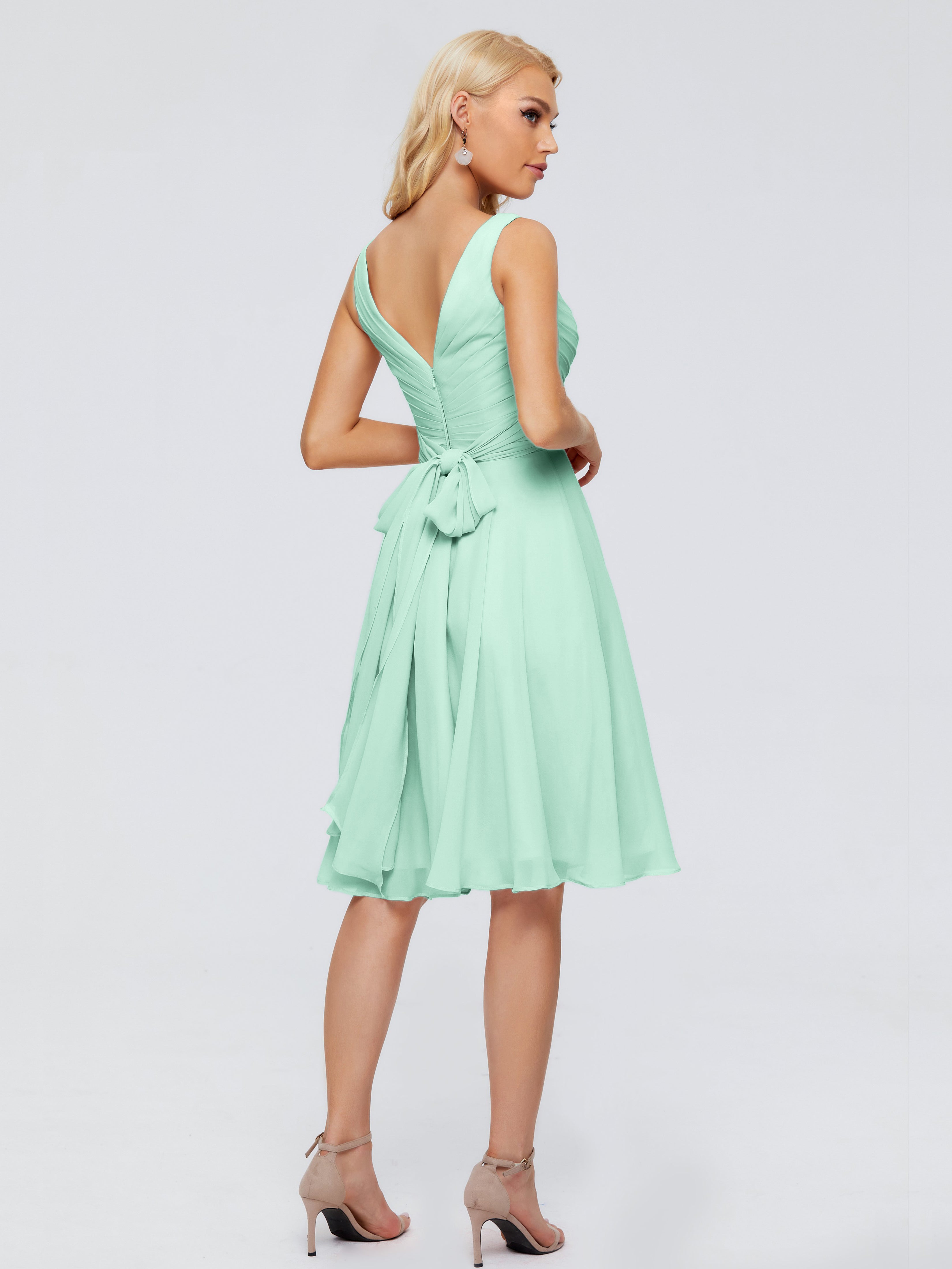 Robe Vert Menthe Demoiselle D Honneur Col V Longueur Genou Mousseline Robes Demoiselle D'Honneur