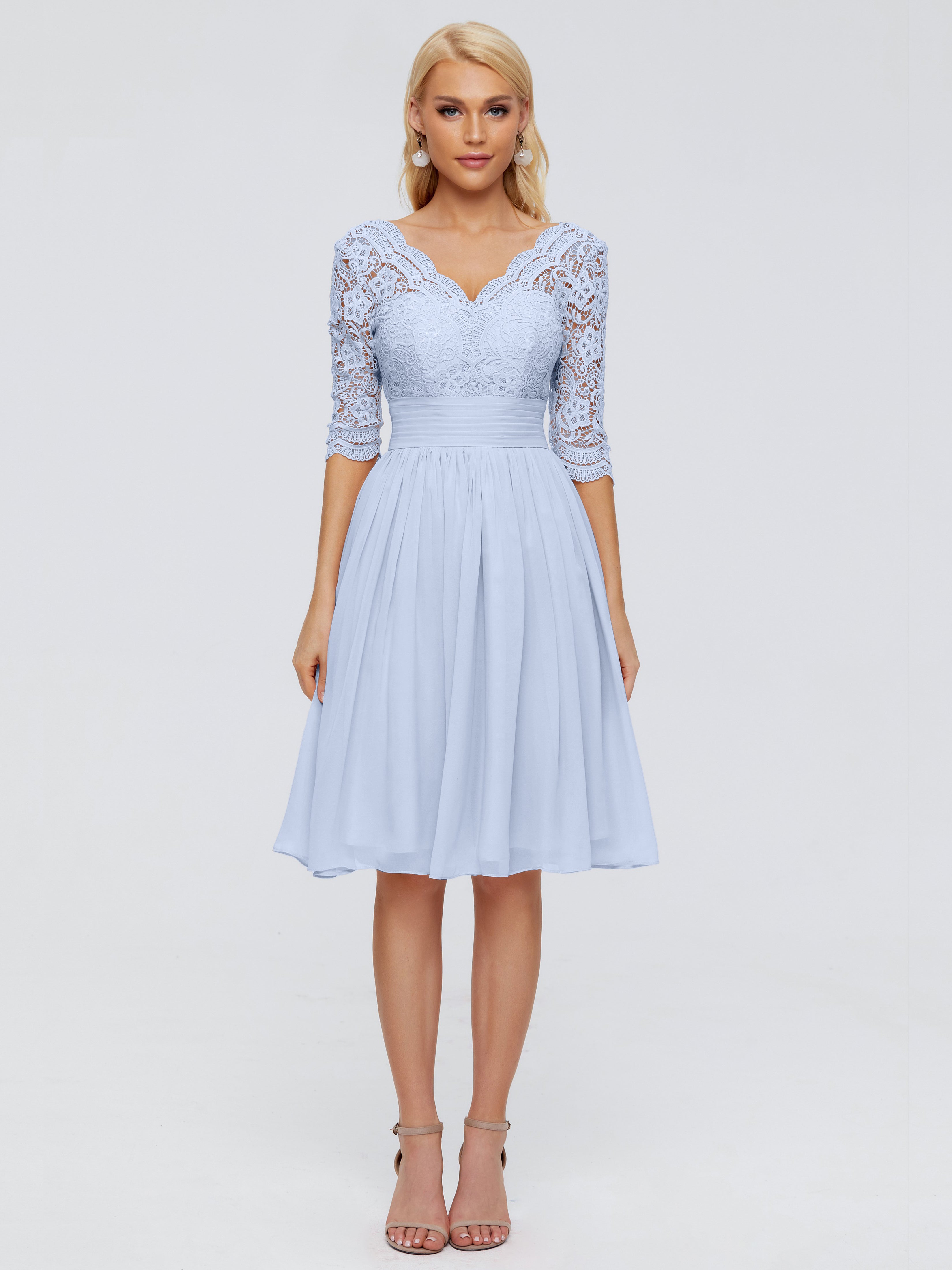 Demoiselle D Honneur Bleu Ciel Longueur Genou Dentelle Robes Demoiselle D'Honneur