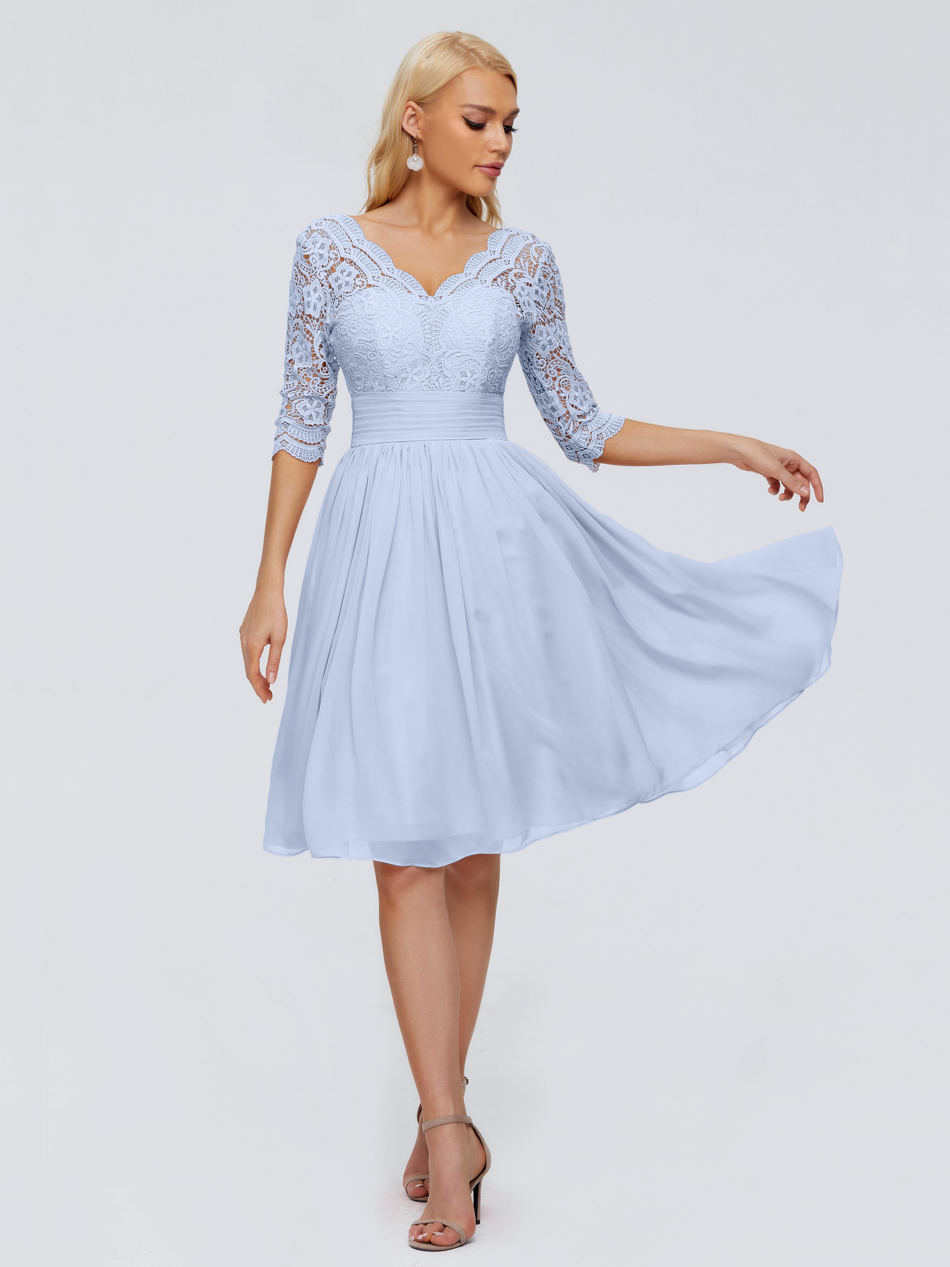 Demoiselle D Honneur Bleu Ciel Longueur Genou Dentelle Robes Demoiselle D'Honneur