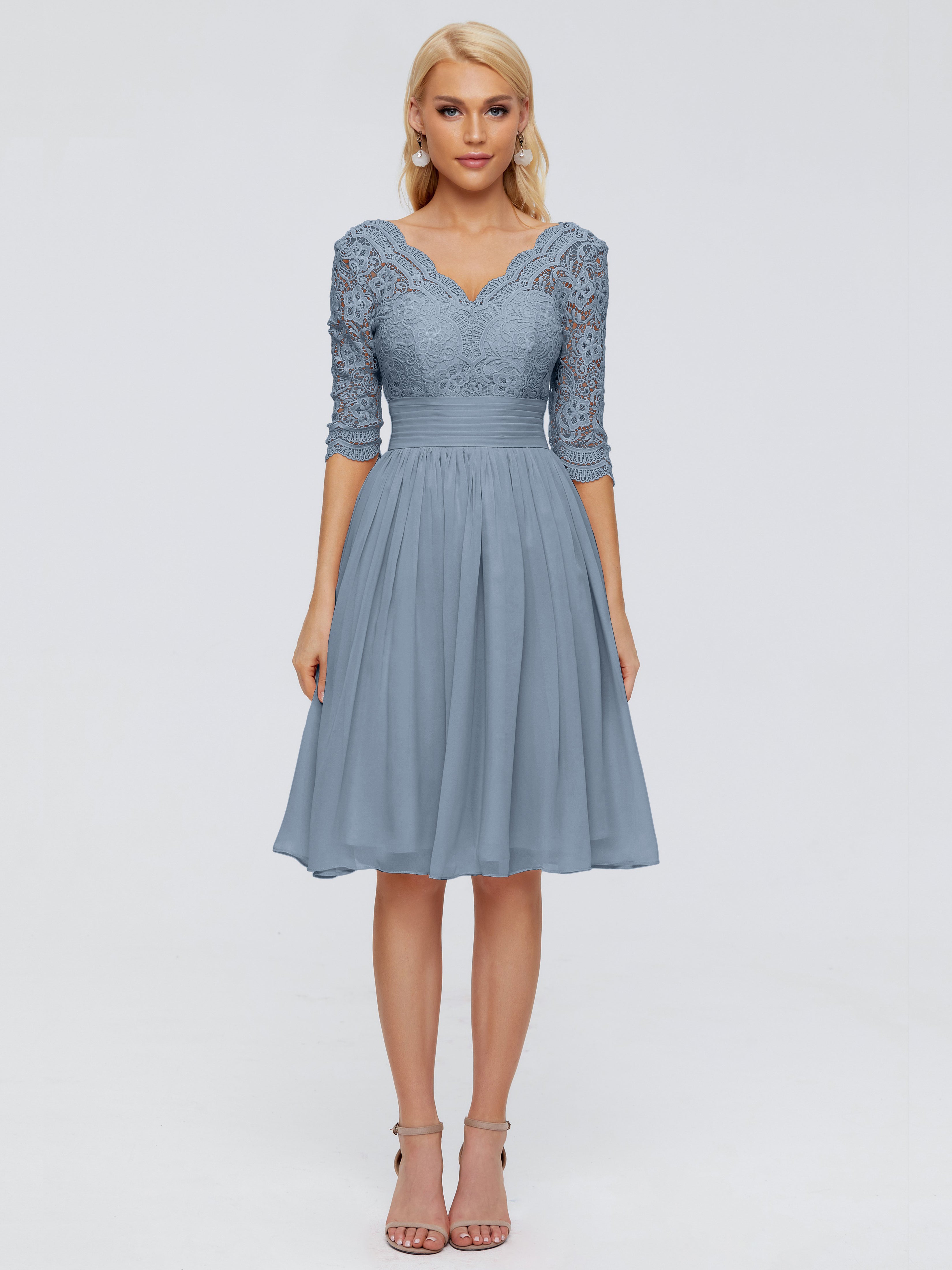 Robe Demoiselle D Honneur Bleu Poussiereux Longueur Genou Dentelle Robes Demoiselle D'Honneur