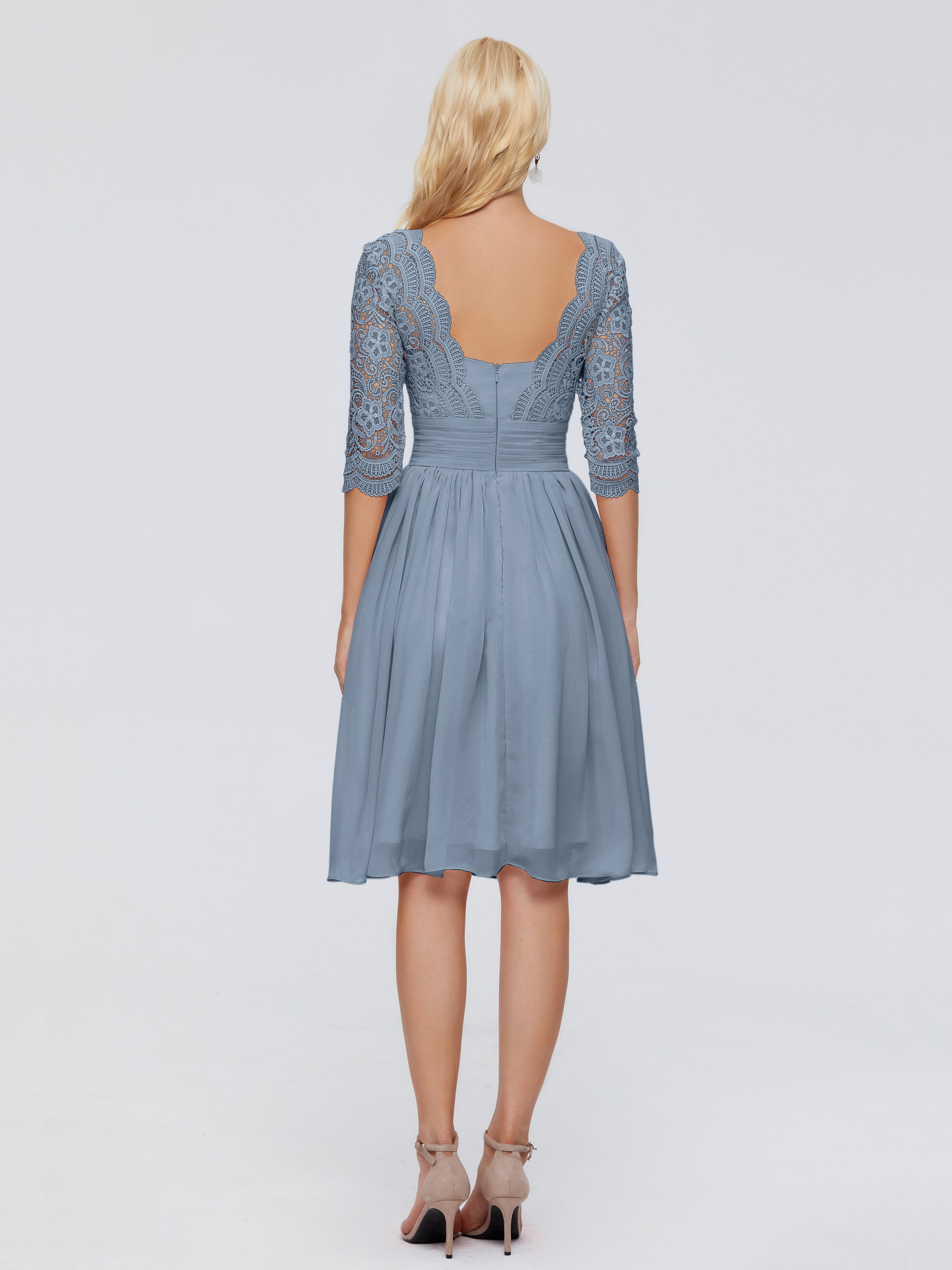 Robe Demoiselle D Honneur Bleu Poussiereux Longueur Genou Dentelle Robes Demoiselle D'Honneur