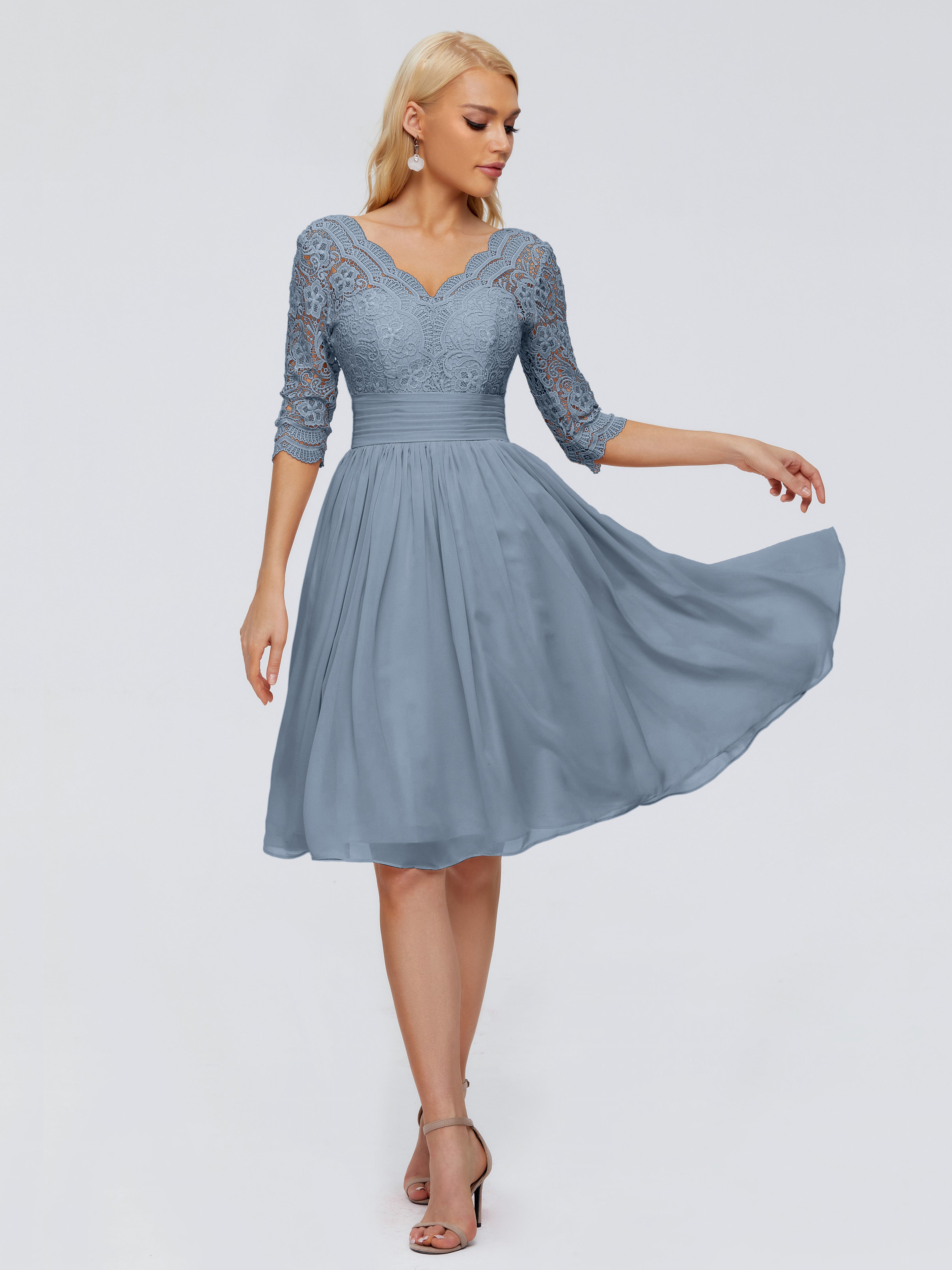 Robe Demoiselle D Honneur Bleu Poussiereux Longueur Genou Dentelle Robes Demoiselle D'Honneur