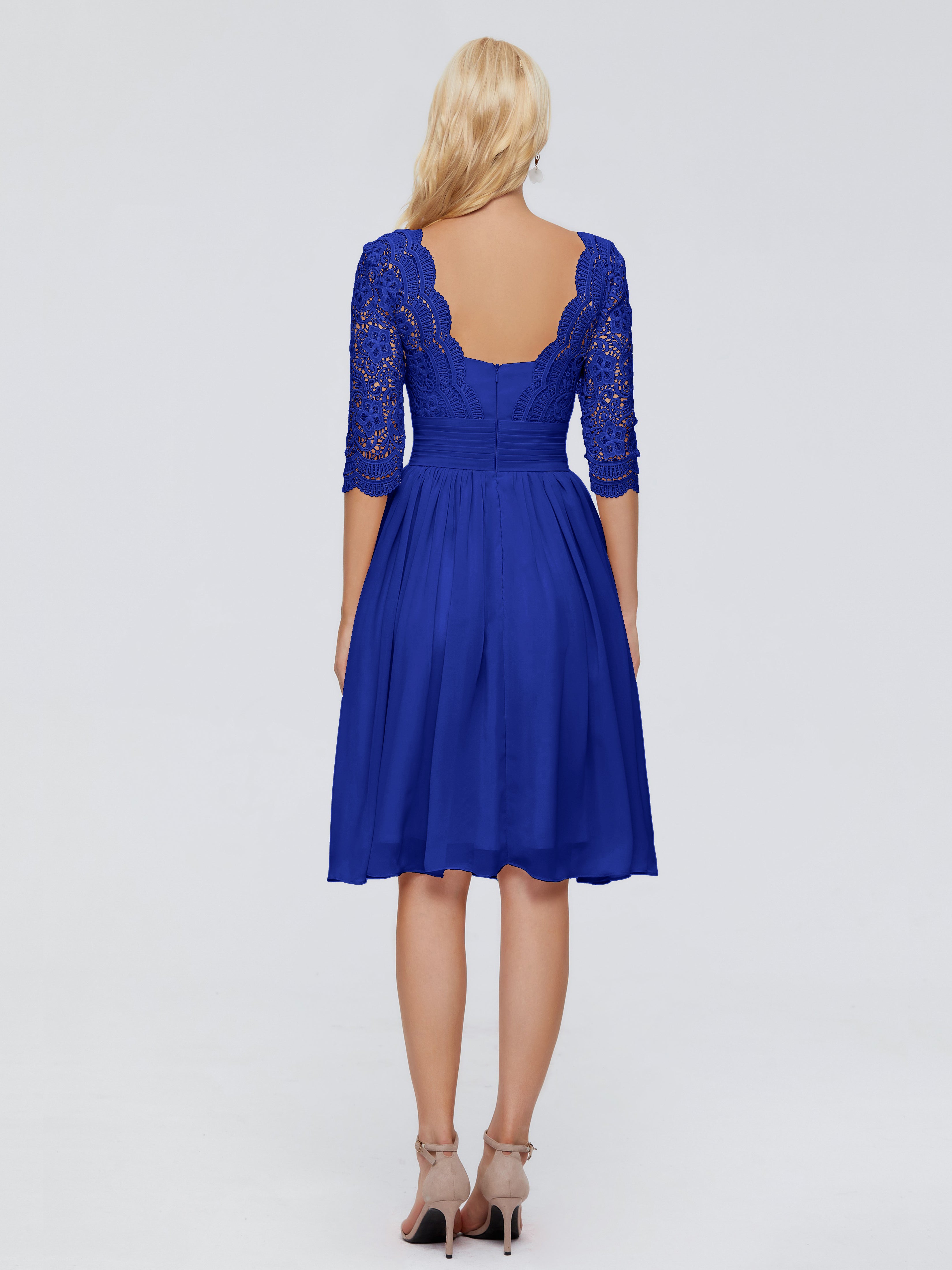 Robes De Demoiselle D'Honneur Bleu Royal Longues Longueur Genou Dentelle Robes Demoiselle D'Honneur