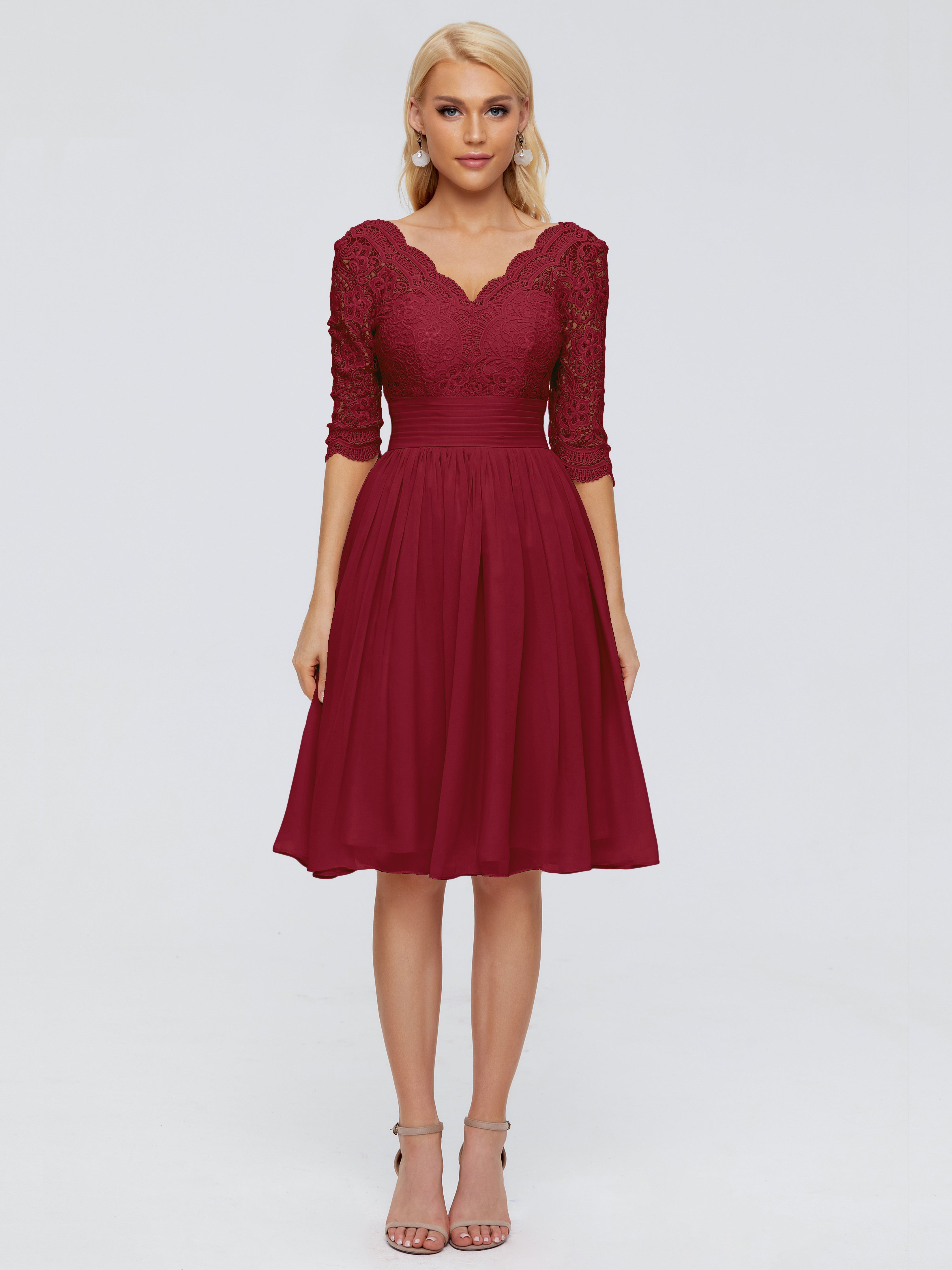 Robes De Demoiselle D'Honneur Couleur Bordeaux Longueur Genou Dentelle Robes Demoiselle D'Honneur