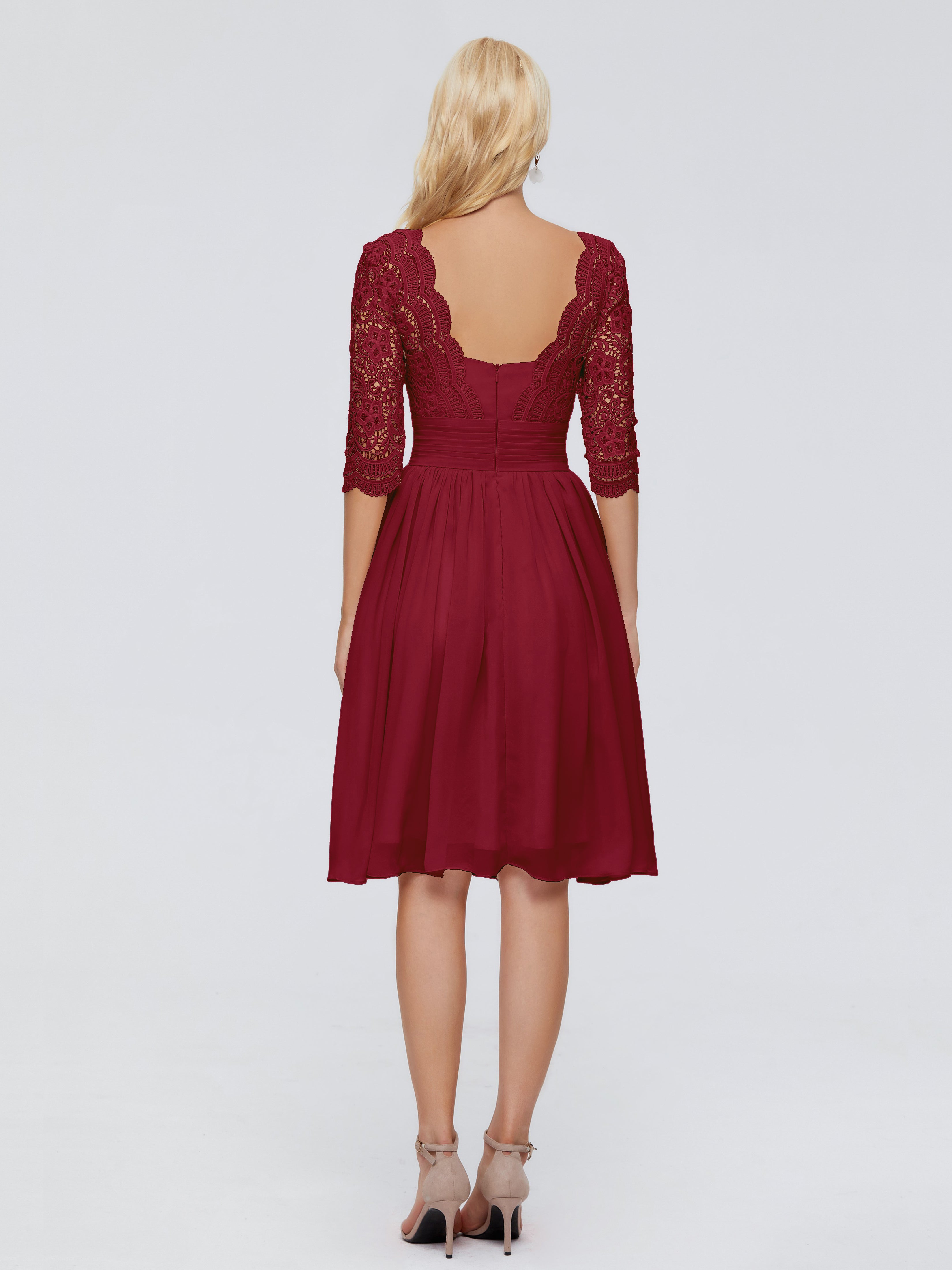 Robes De Demoiselle D'Honneur Couleur Bordeaux Longueur Genou Dentelle Robes Demoiselle D'Honneur