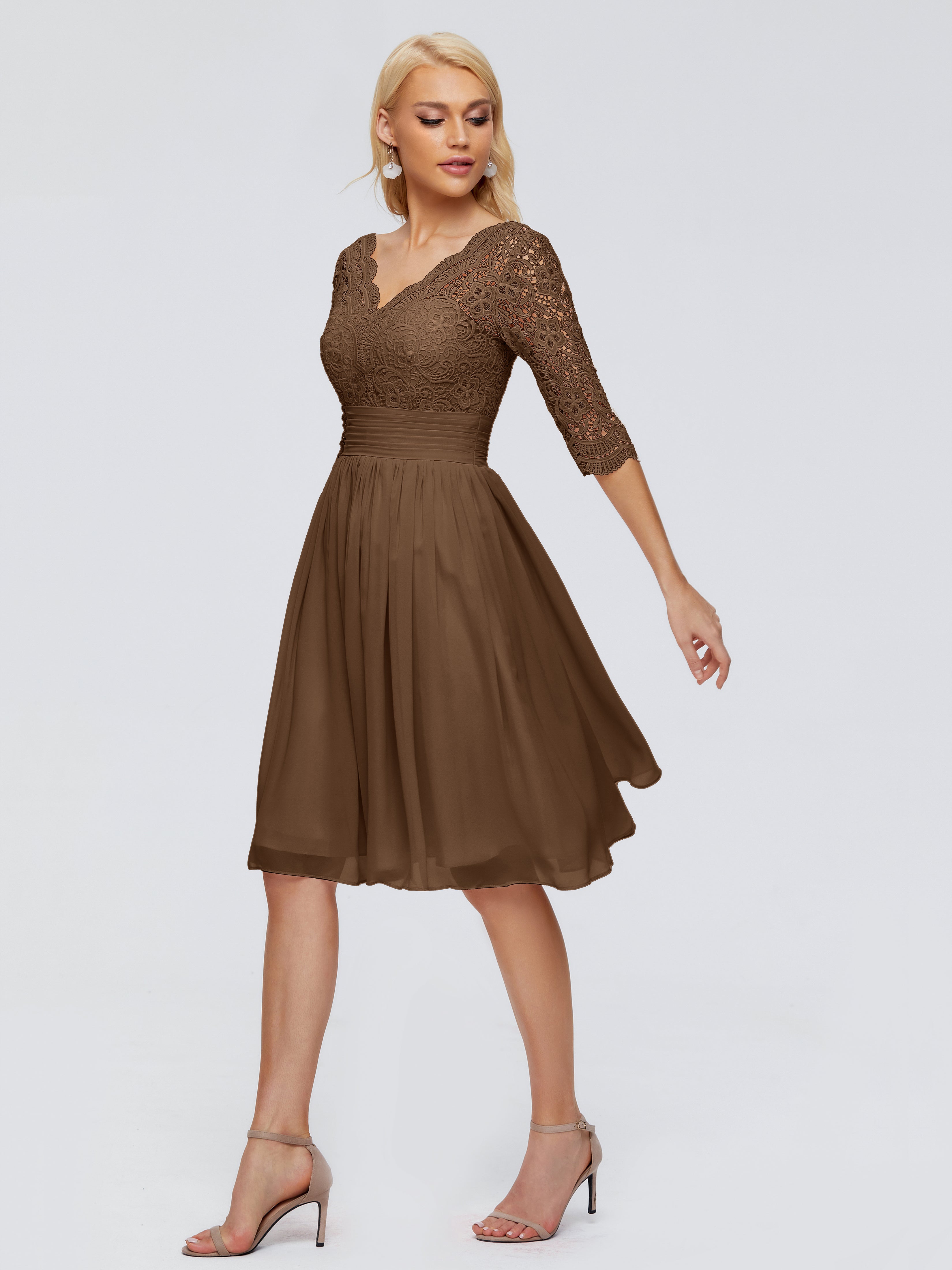 Robe Demoiselle D Honneur Brun Longueur Genou Dentelle Robes Demoiselle D'Honneur