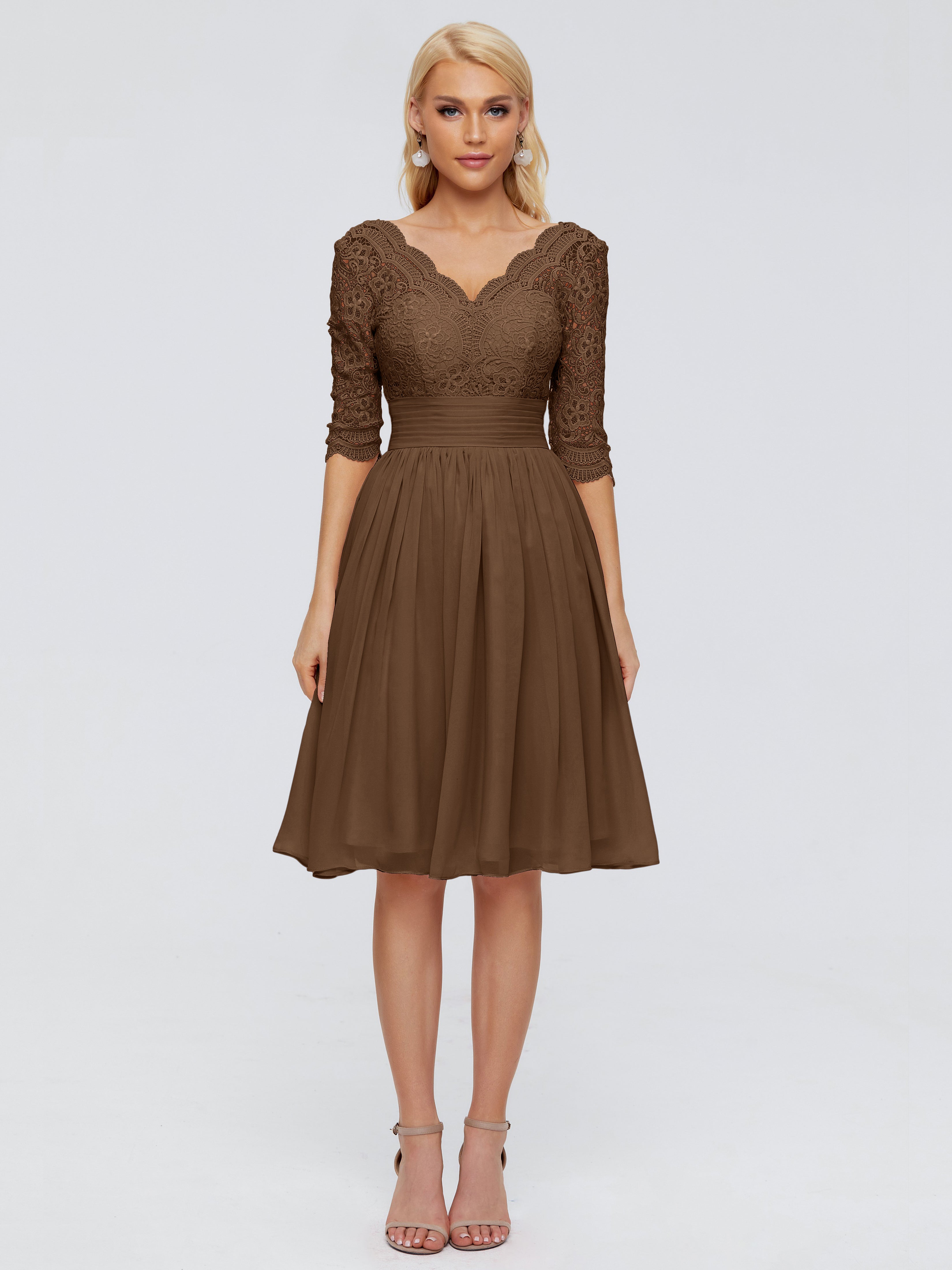 Robe Demoiselle D Honneur Brun Longueur Genou Dentelle Robes Demoiselle D'Honneur