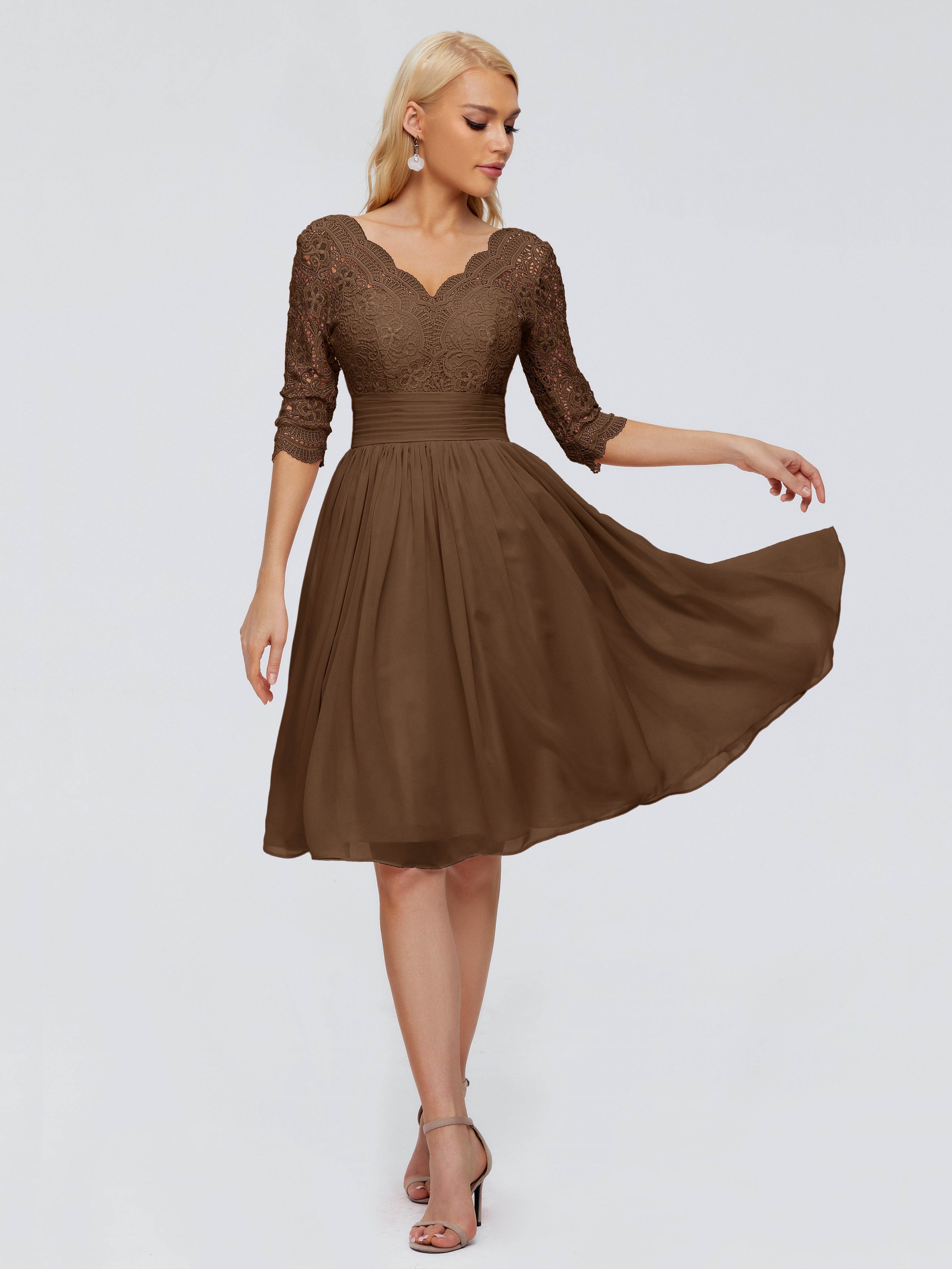 Robe Demoiselle D Honneur Brun Longueur Genou Dentelle Robes Demoiselle D'Honneur