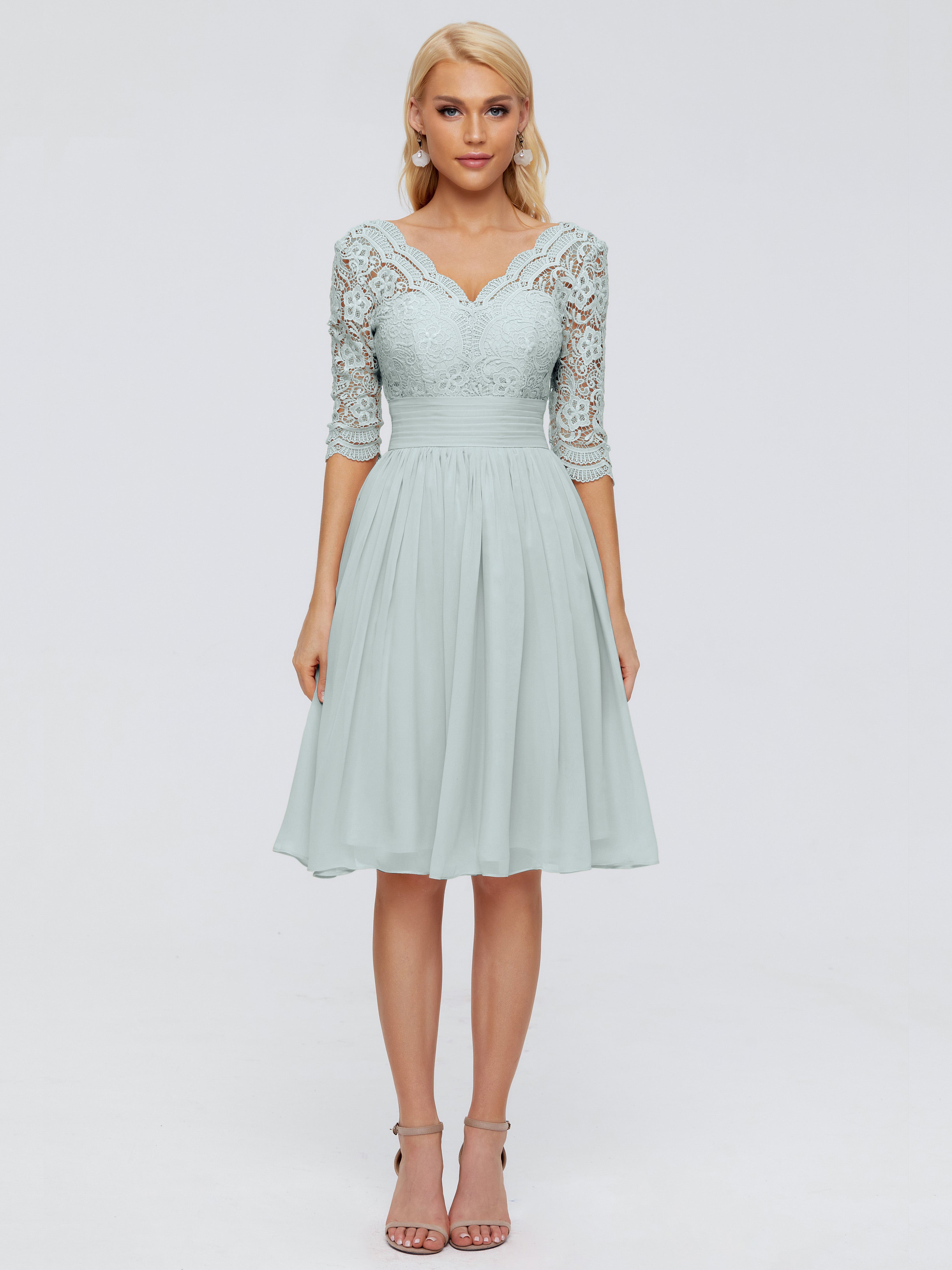Robes De Demoiselle D'Honneur Celadon Longueur Genou Dentelle Robes Demoiselle D'Honneur