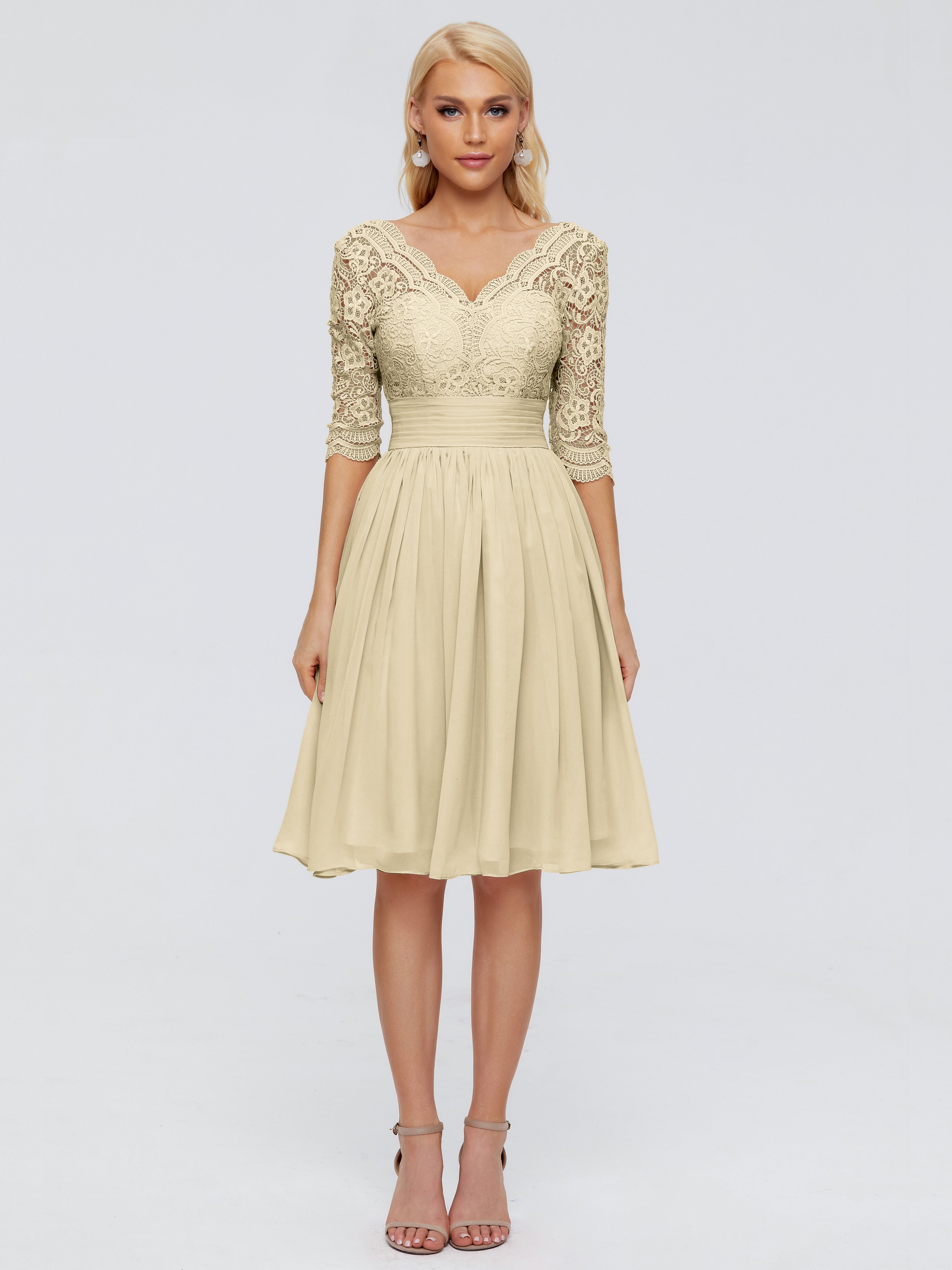 Robe Demoiselle D Honneur Courte Champagne Longueur Genou Dentelle Robes Demoiselle D'Honneur