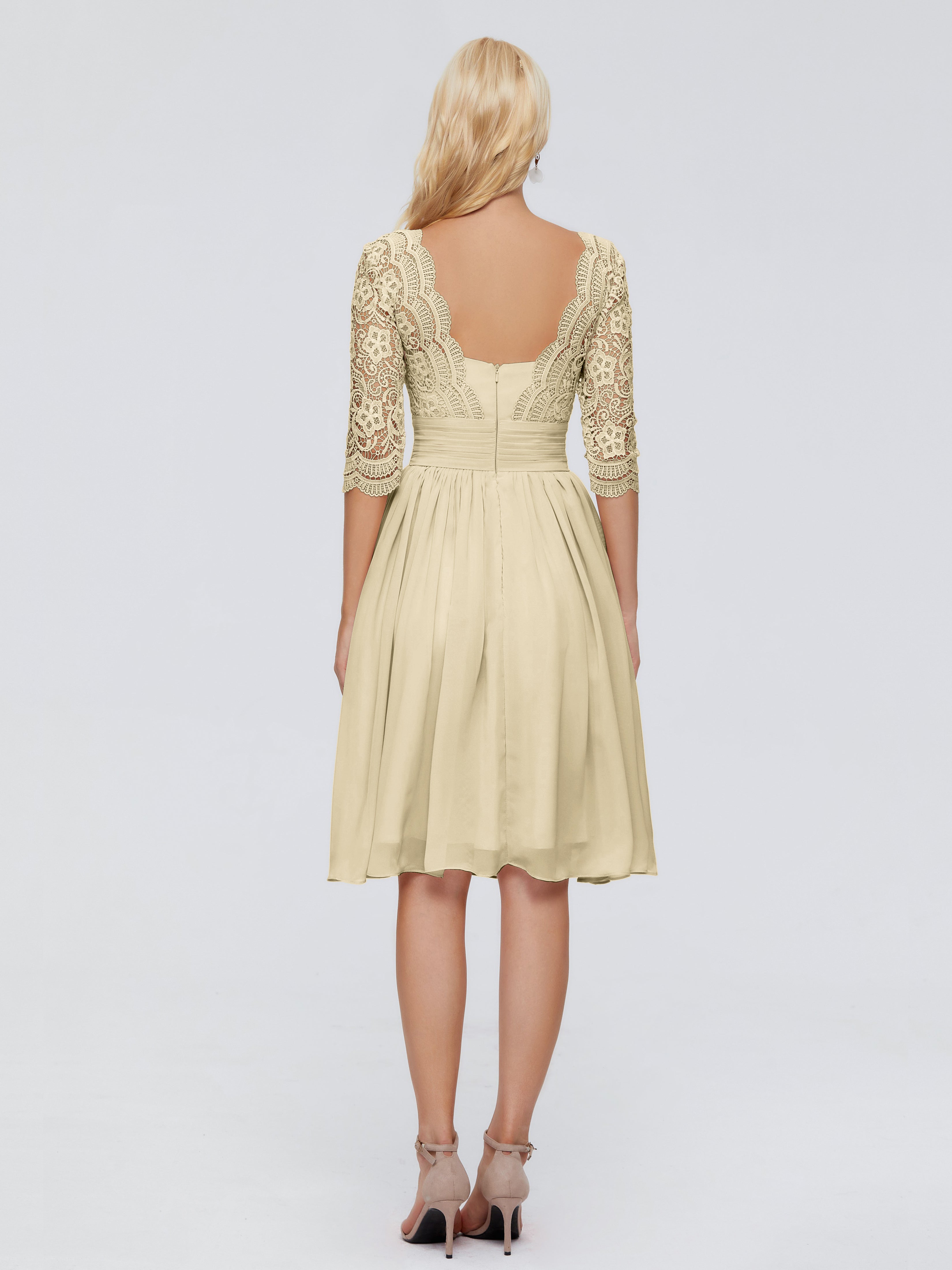 Robe Demoiselle D Honneur Courte Champagne Longueur Genou Dentelle Robes Demoiselle D'Honneur