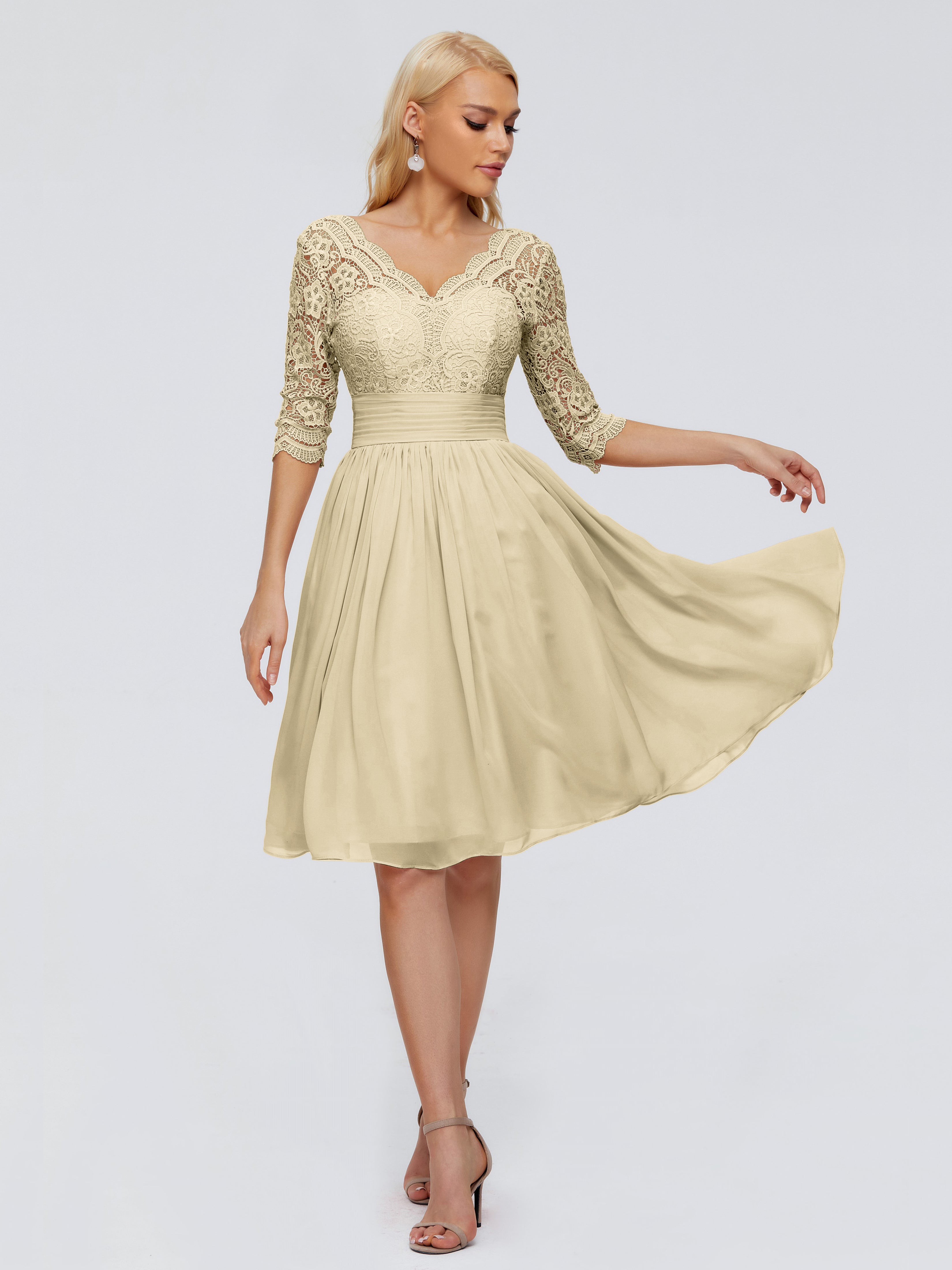 Robe Demoiselle D Honneur Courte Champagne Longueur Genou Dentelle Robes Demoiselle D'Honneur