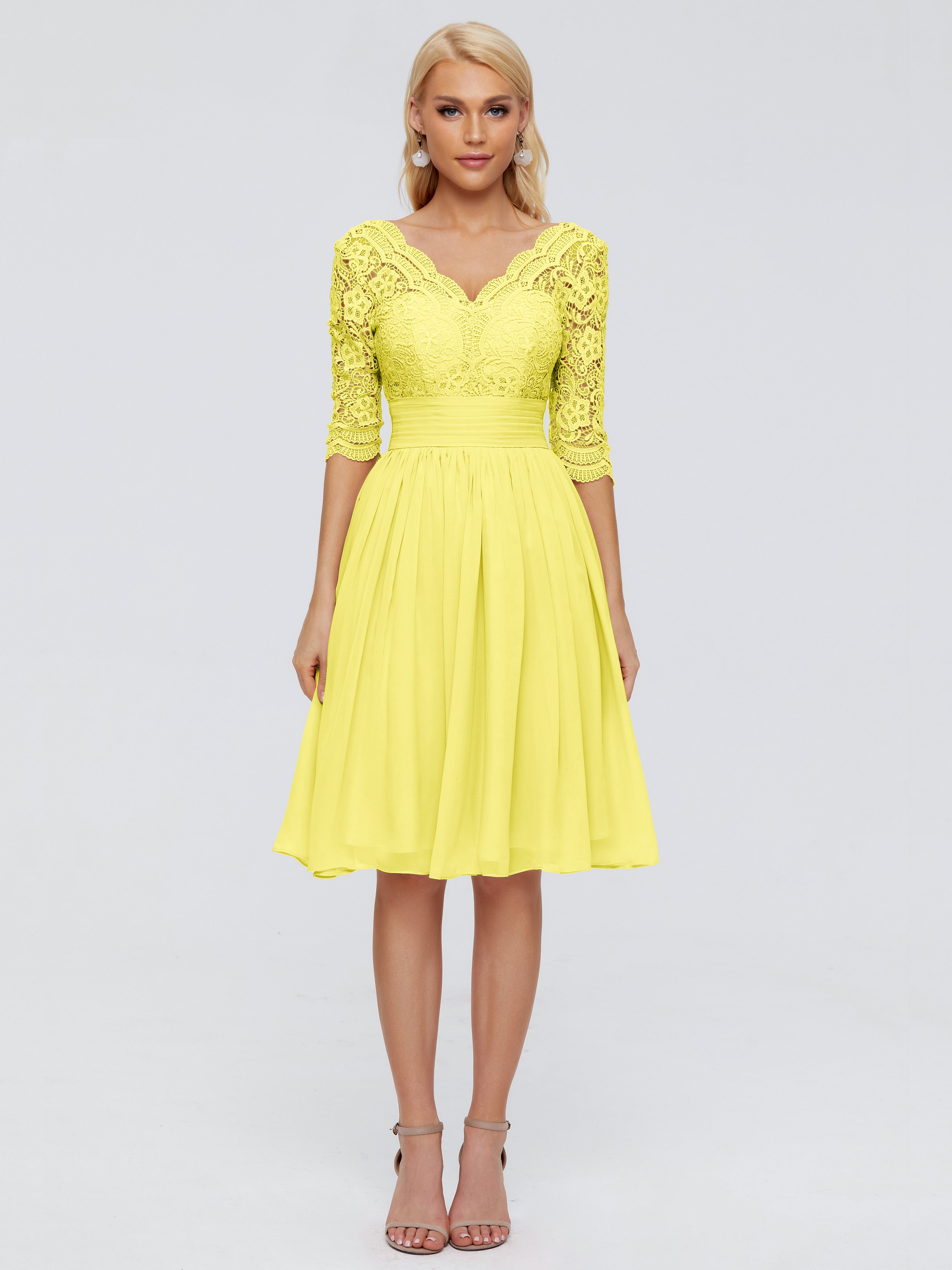 Robes De Demoiselle D'Honneur Citron Longueur Genou Dentelle Robes Demoiselle D'Honneur