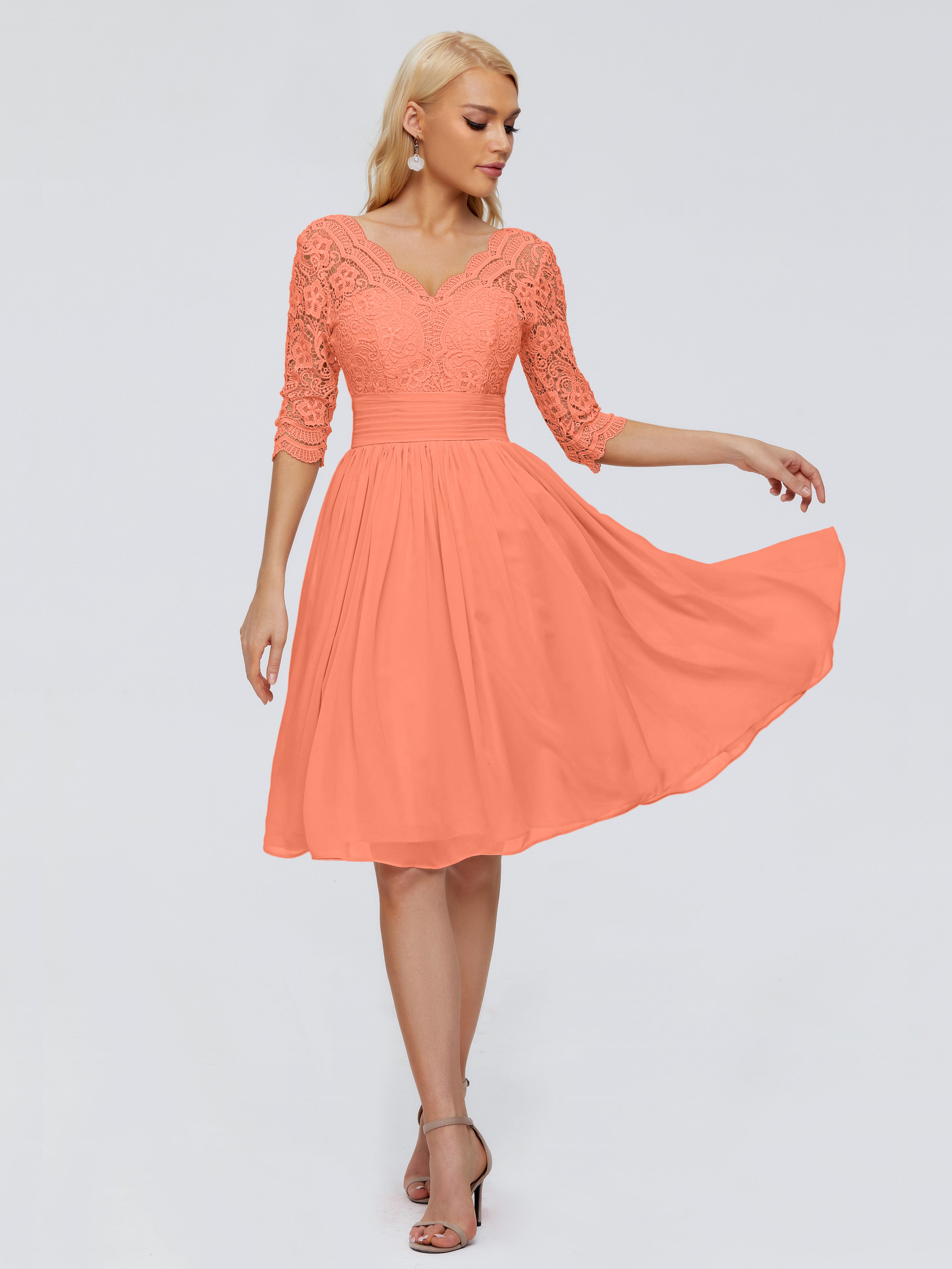 Robes De Demoiselle D'Honneur Coucher De Soleil Longueur Genou Dentelle Robes Demoiselle D'Honneur
