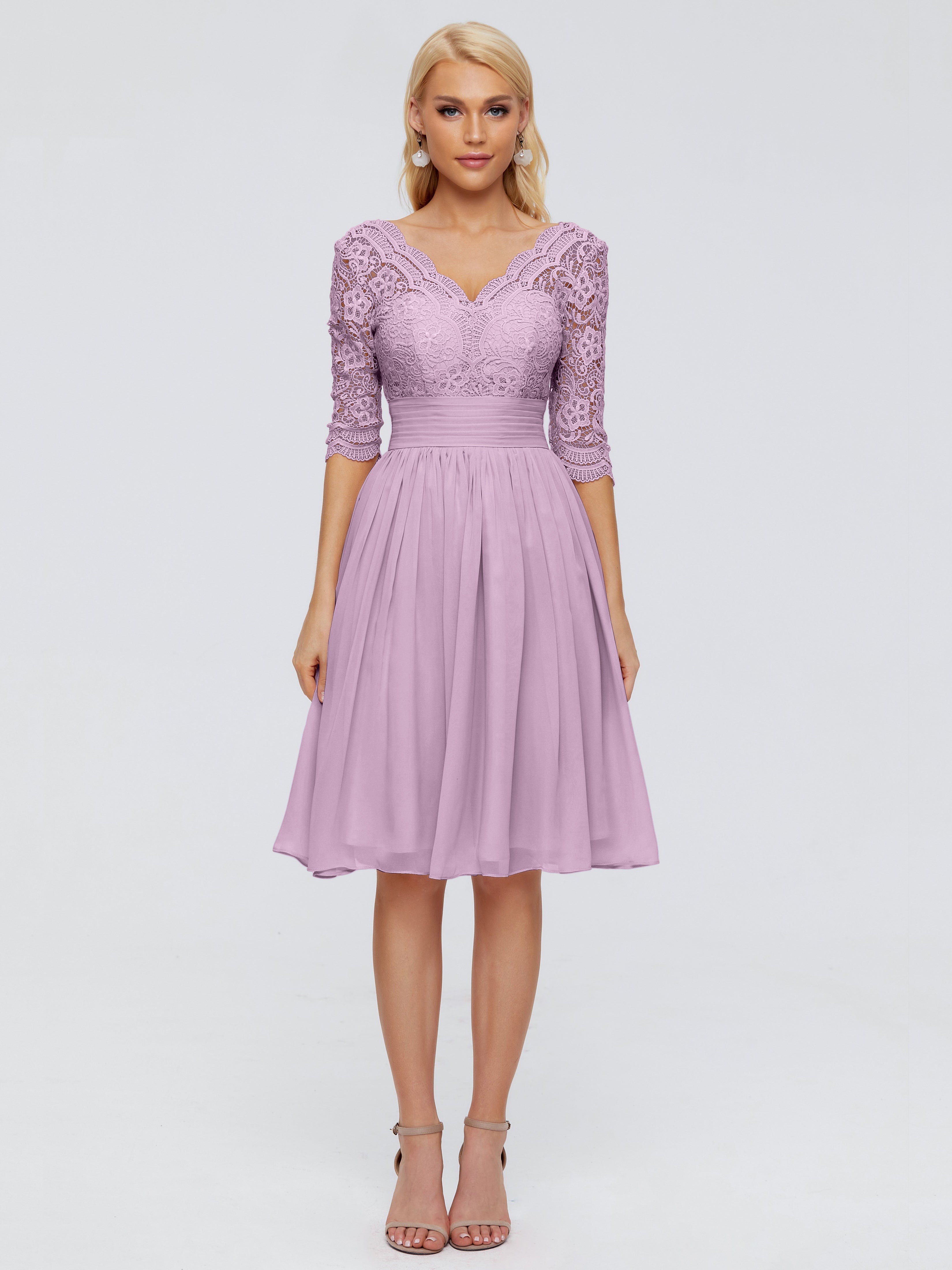 Robes De Demoiselle D'Honneur Glycine Longueur Genou Dentelle Robes Demoiselle D'Honneur