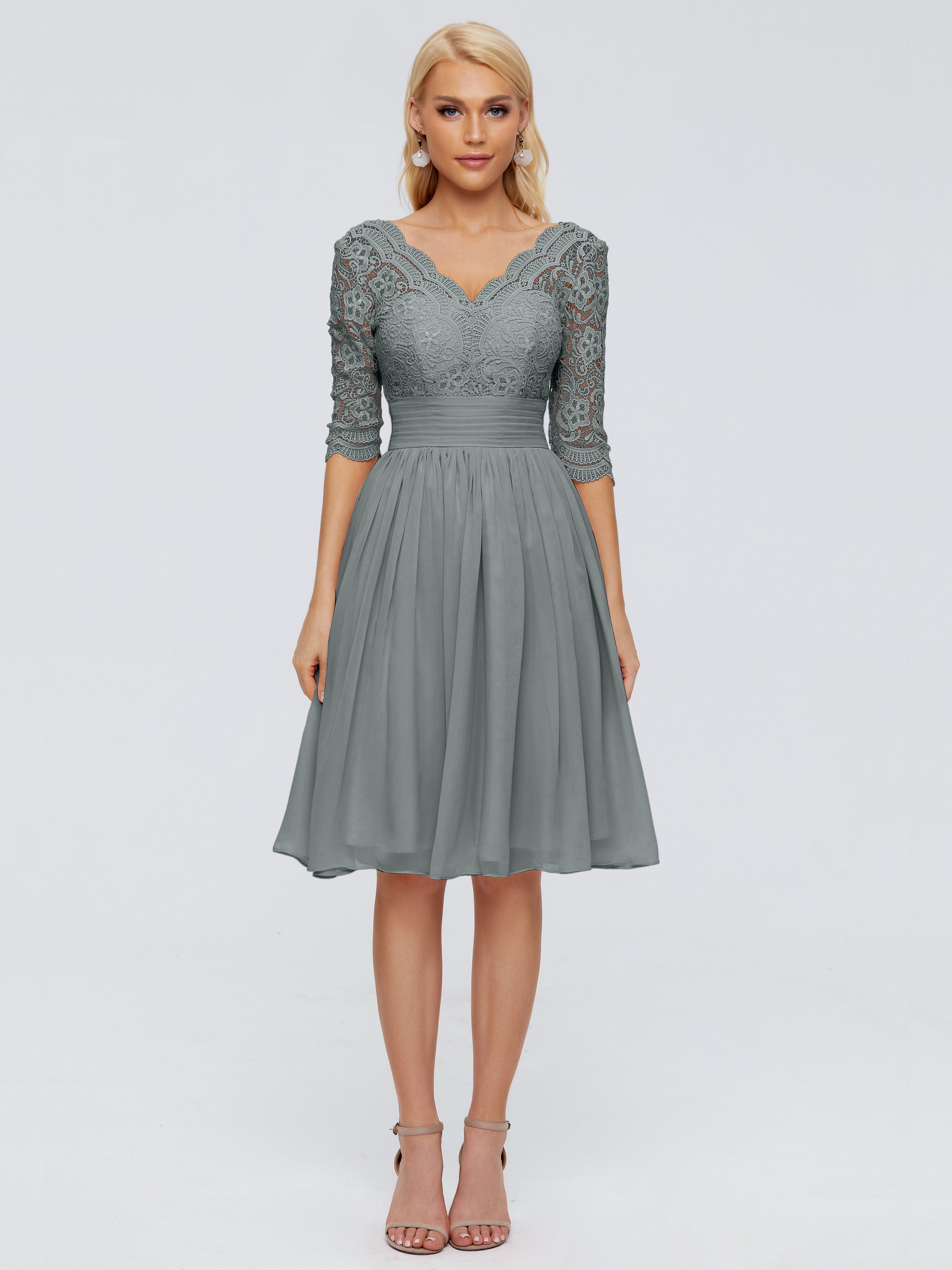 Robe Demoiselle D Honneur Gris Argenté Longueur Genou Dentelle Robes Demoiselle D'Honneur
