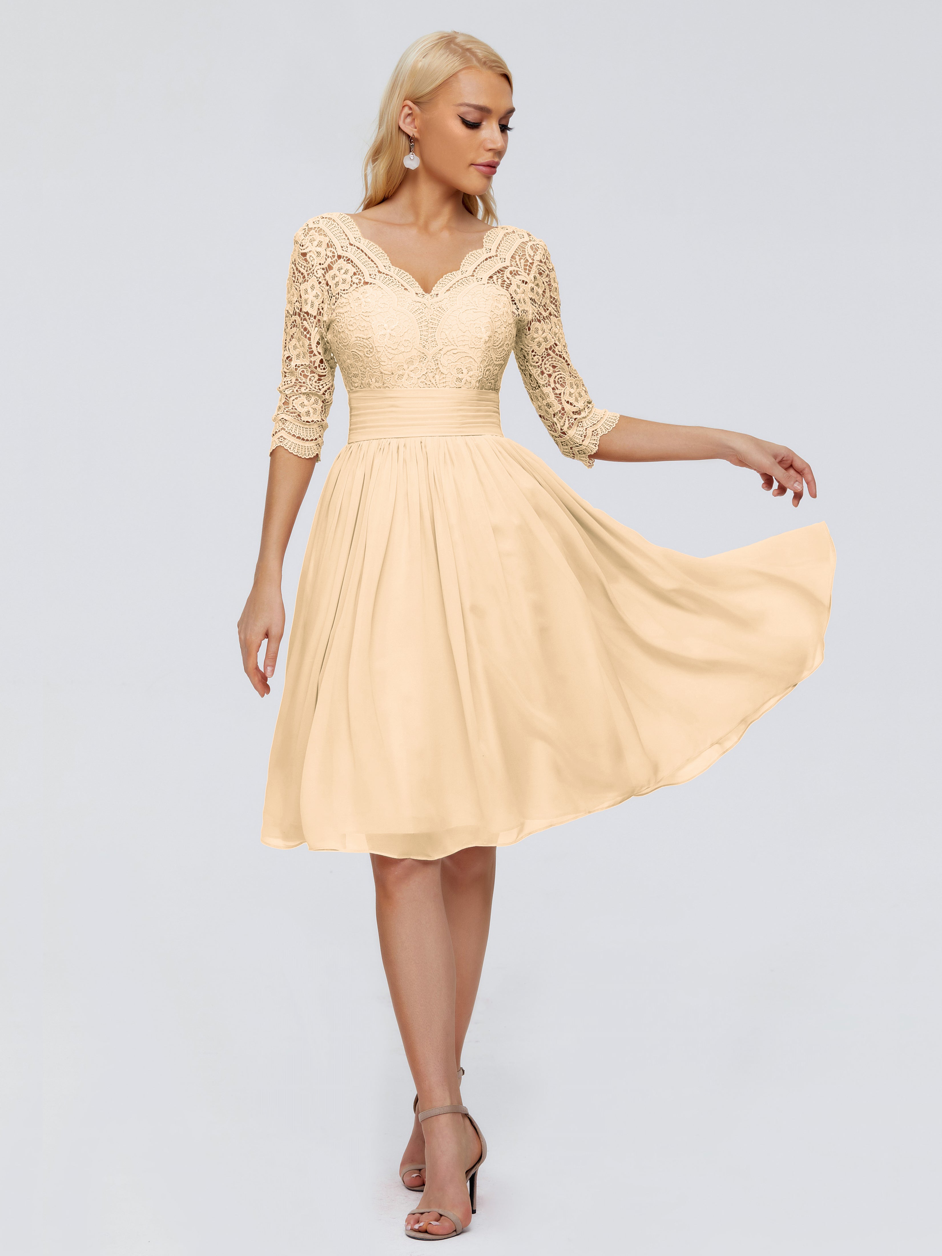 Robe Peche Demoiselle D Honneur Longueur Genou Dentelle Robes Demoiselle D'Honneur