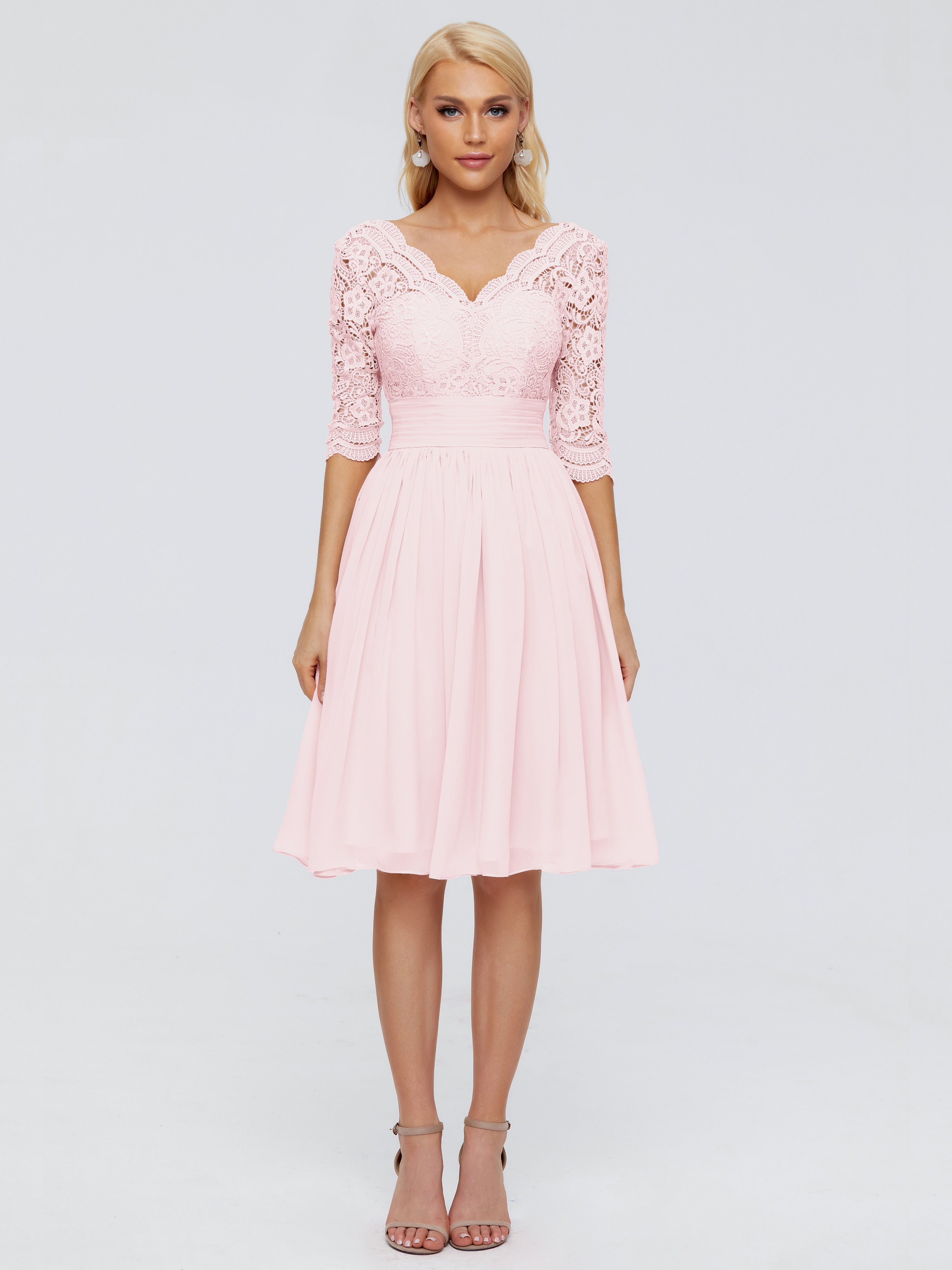 Robe De Demoiselle D Honneur Rose Pale Longueur Genou Dentelle Robes Demoiselle D'Honneur