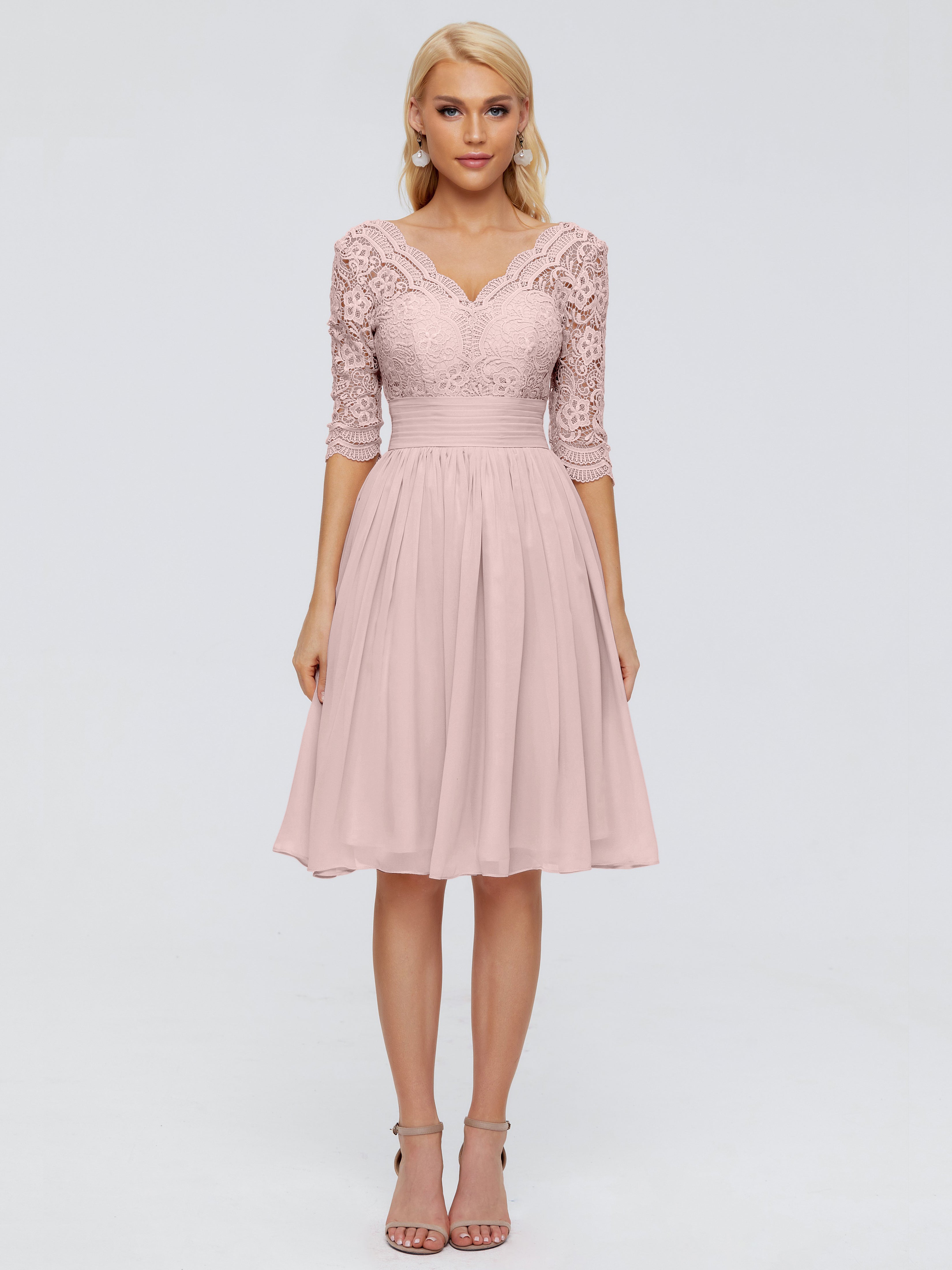 Robe Rose Poudré Mariage Courte Longueur Genou Dentelle Robes Demoiselle D'Honneur