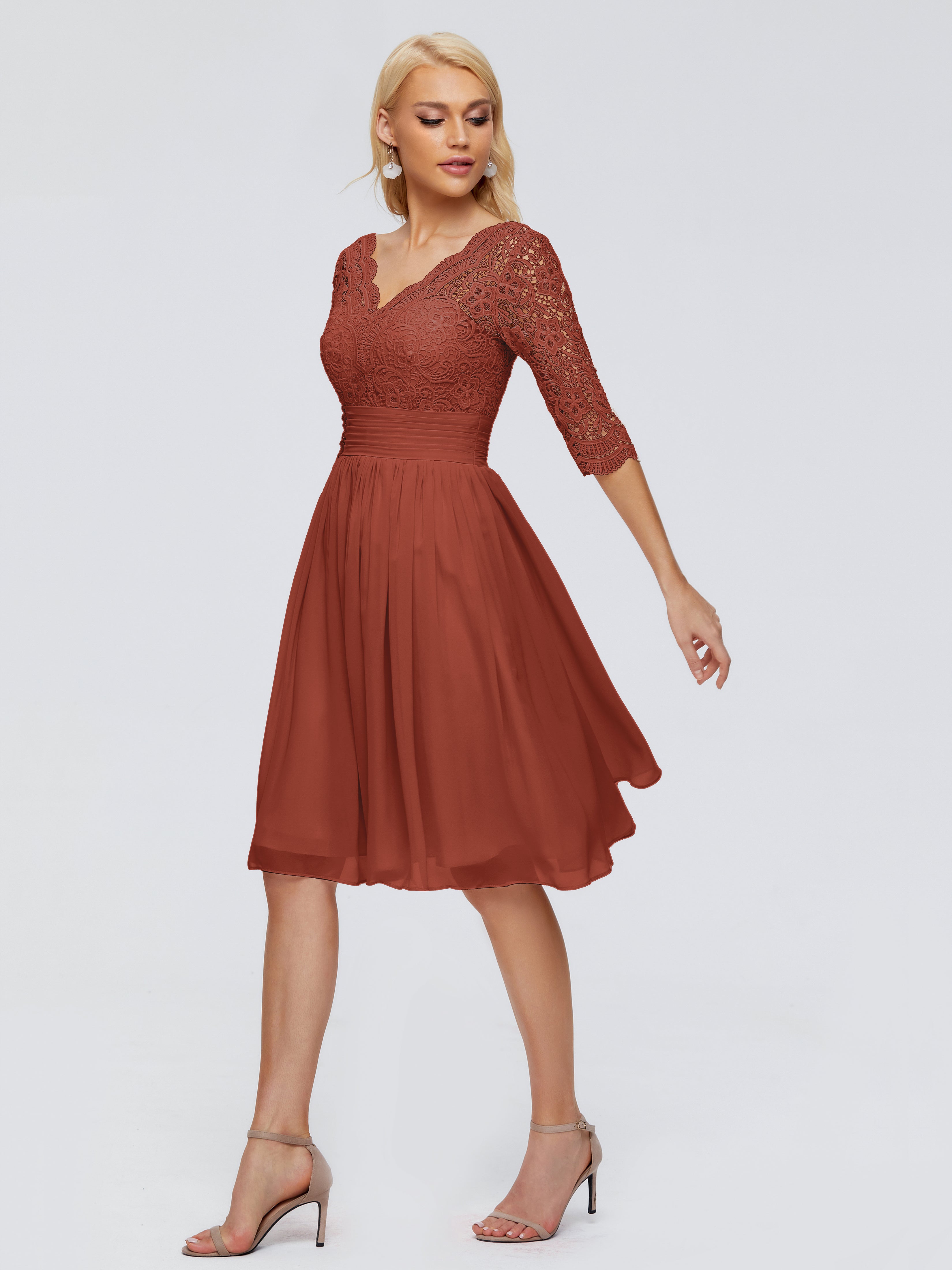 Longues Robes De Demoiselle D'Honneur De Rouille Longueur Genou Dentelle Robes Demoiselle D'Honneur