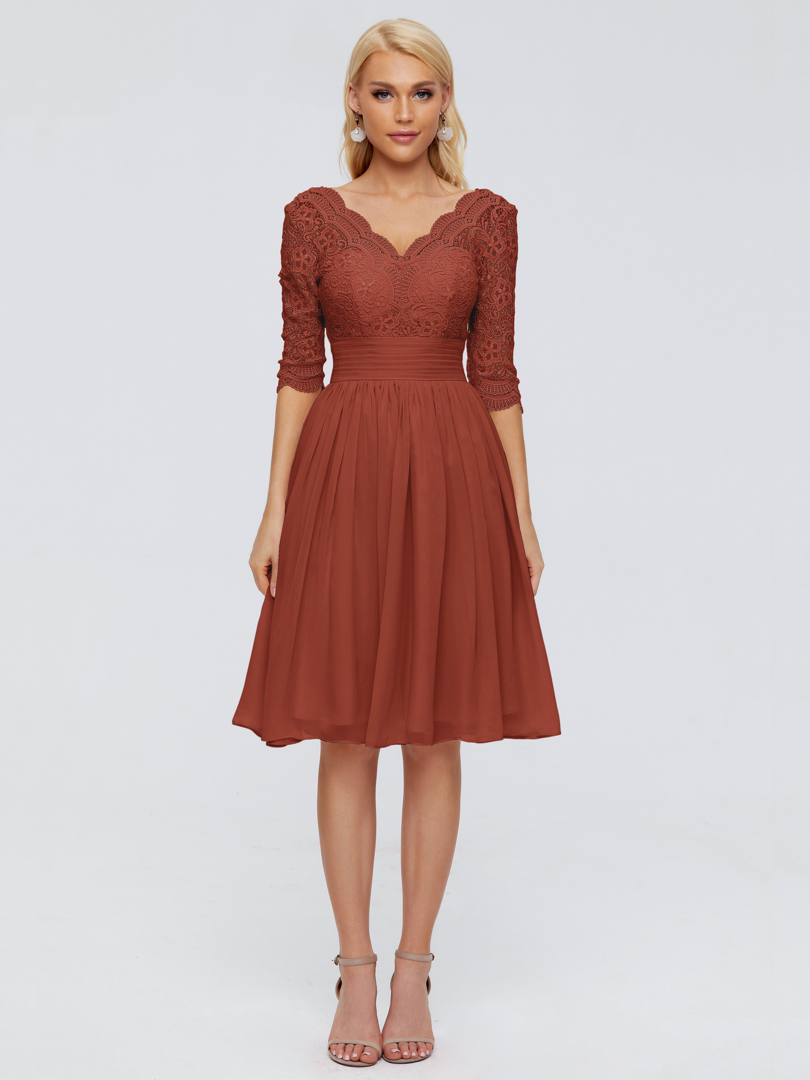Longues Robes De Demoiselle D'Honneur De Rouille Longueur Genou Dentelle Robes Demoiselle D'Honneur